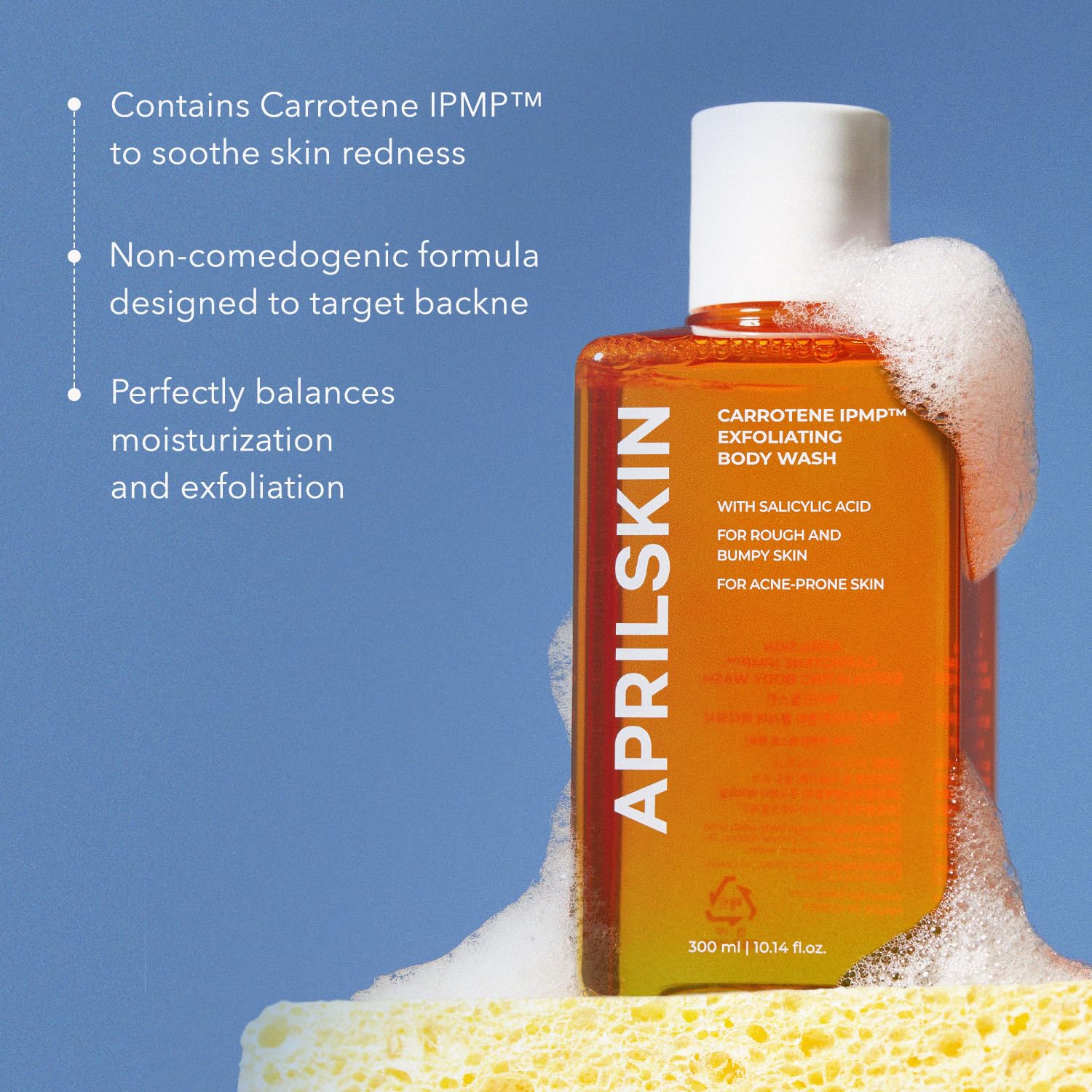 APRILSKIN Carrotene IPMP™ Exfoliating Body Wash | Salicylic Acid Body Wash Improve Rough & Bumpy Skin, Body Acne, Keratosis Pilaris with Niacinamide & Ceramides | Vegan & Cruelty-free | 10.14 fl.oz