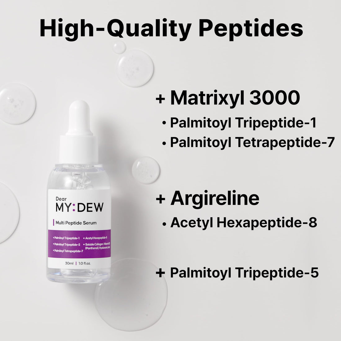 DearMYDEW Multi Peptide Complex Serum, Matrixyl 3000, Argireline, Vegan Collagen, Niacinamide, Hyaluronic Acid for Anti-Aging, Anti-Wrinkles, Collagen Boost for Elasticity, Korean Skincare, 1Fl Oz