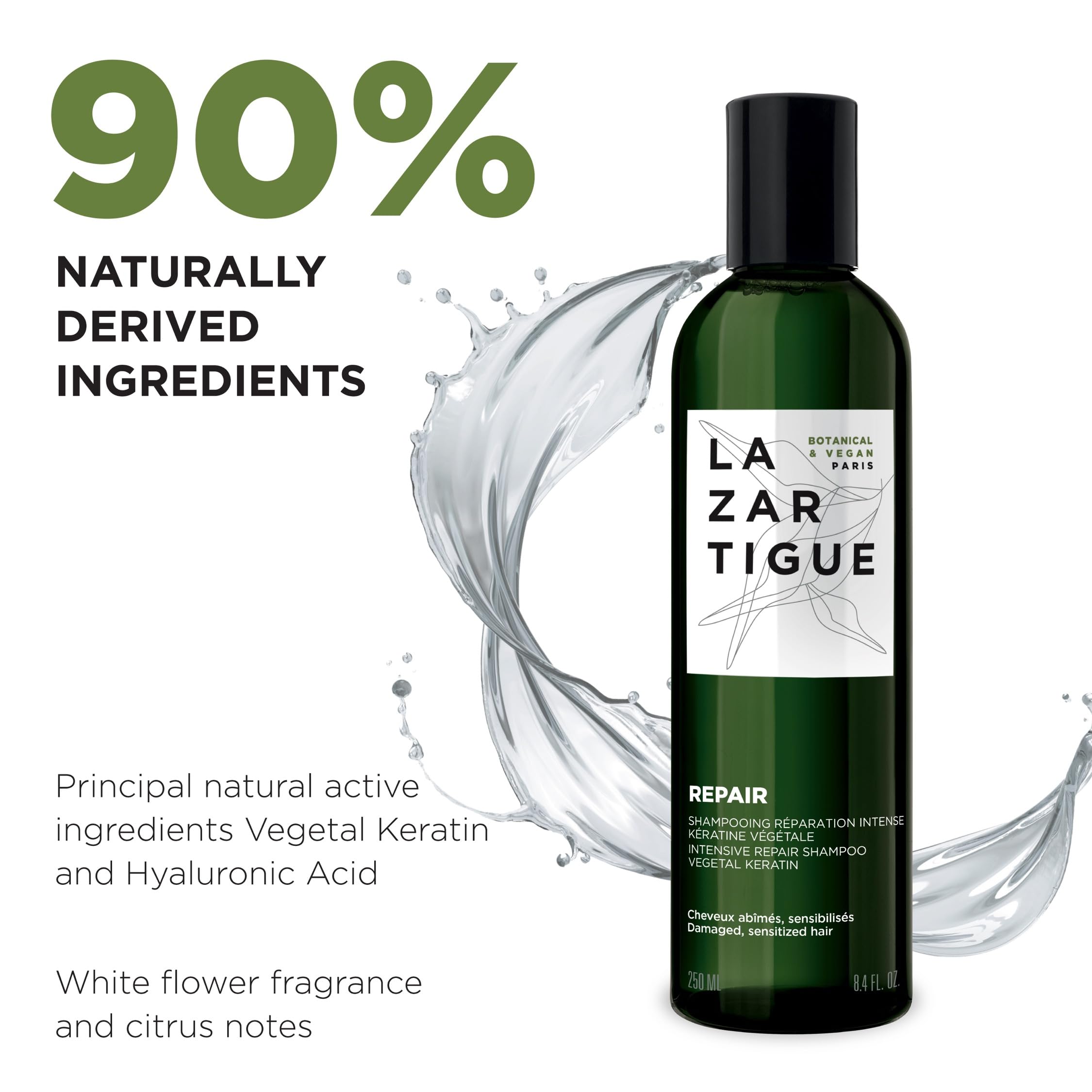 Lazartigue Repair Shampoo, Vegetal Keratin for Deep Repair & Shine, Vegan, Sulfate-Free, Silicone-Free, for Damaged Hair, 8.4 Fl. Oz.