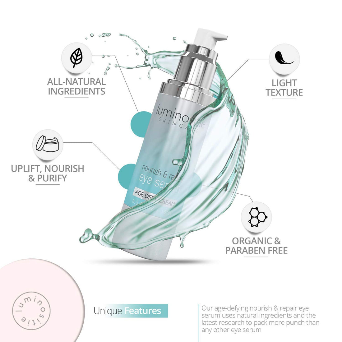 Organic Eye Serum With Vitamin E, White Tea & Rose Oil For Dark Circles & Puffiness. The Best For Under Eye Wrinkles, Bags, Dark Circles, Puffiness & Fine Lines. Natural Eye Lift Serum