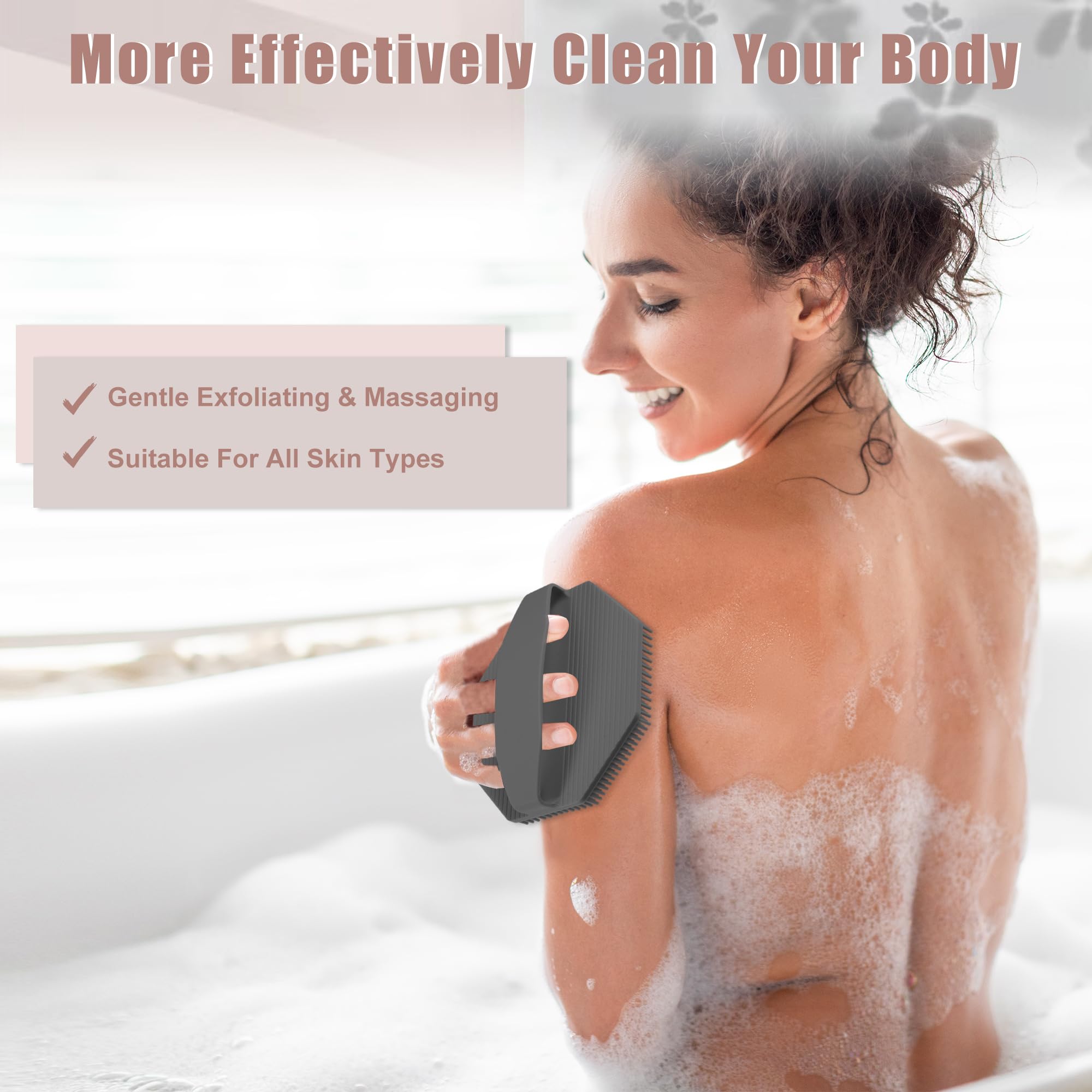 VOCOSTE Silicone Body Scrubber, Exfoliating Shower Scrubber with Non-Slip Hand Strap, Body Brush for All Skin Types, Body Scrubber for Use in Shower, Gray