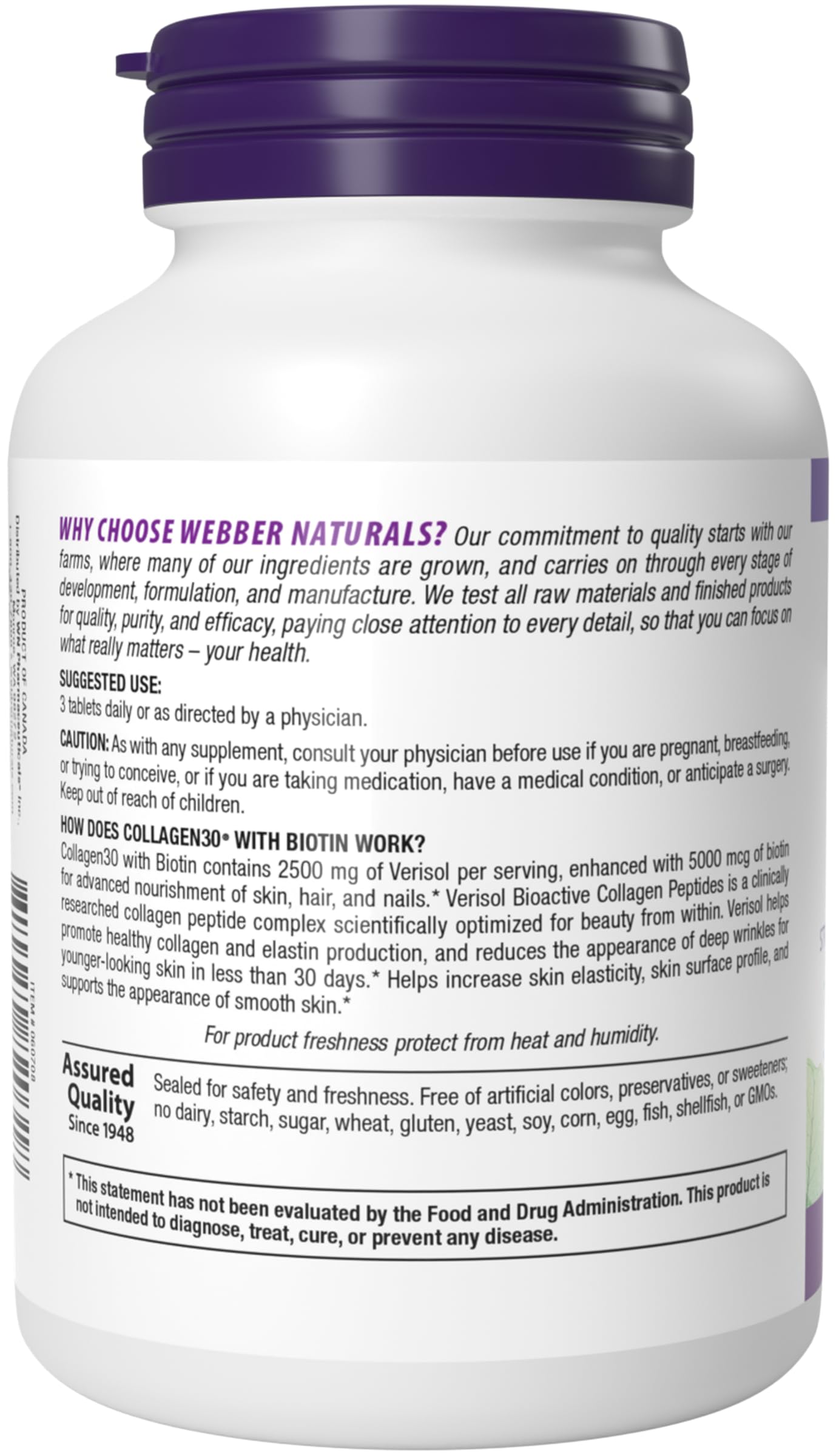 Webber Naturals Collagen30 with Biotin, 2,500 mg of Bioactive Collagen Peptides with 5,000 mcg of Biotin Per Serving, 120 Tablets, For Advanced Nourishment of Skin, Hair and Nails, Dairy & Gluten Free