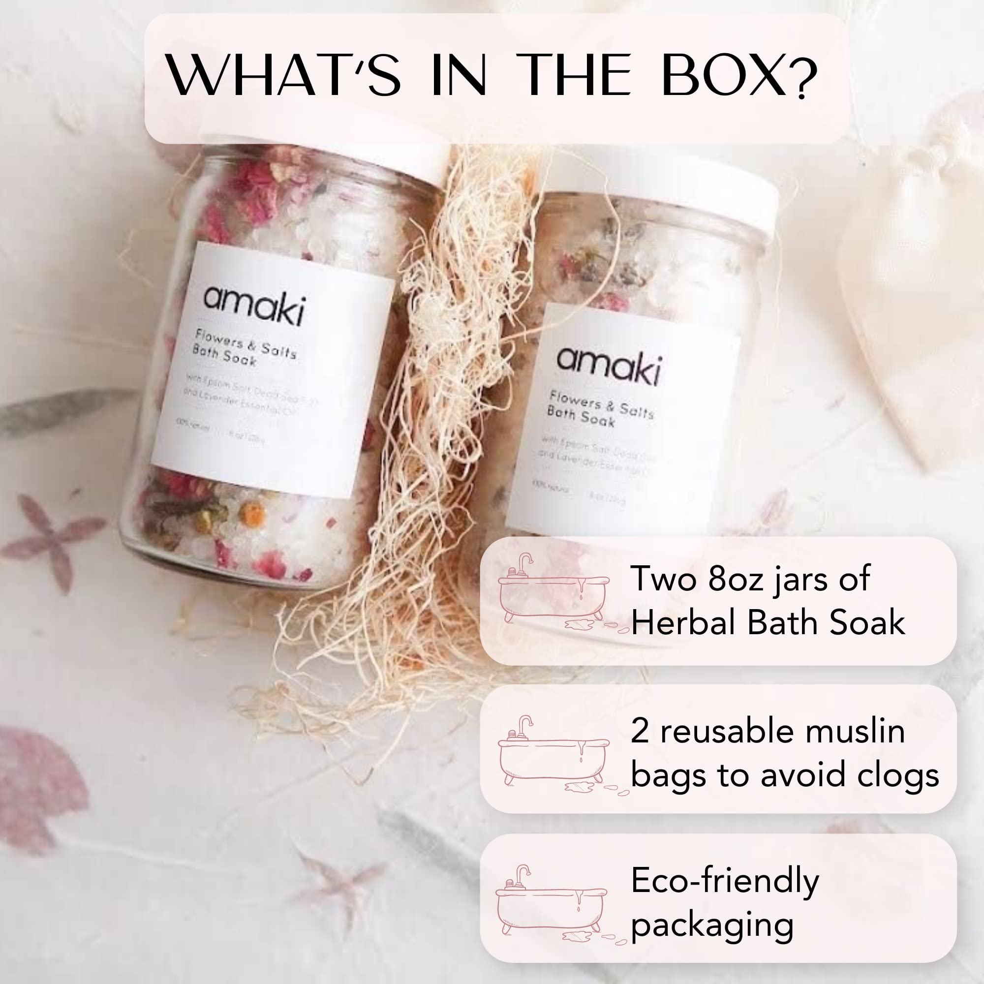 Flowers & Salts Bath Soak Gift Set (2) 8oz Jar- Blend of Epsom and Dead Sea Salt - Infused with Lavender Essential Oil and Dried Rose Petals, Lavender, Calenlular and Chamomile Flowers.