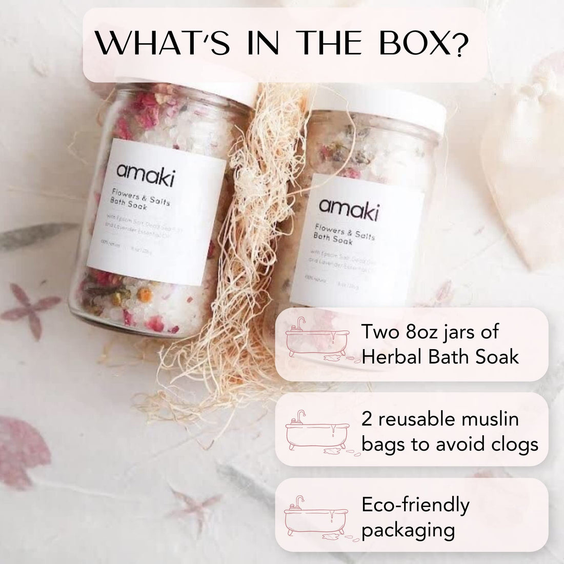 Flowers & Salts Bath Soak Gift Set (2) 8oz Jar- Blend of Epsom and Dead Sea Salt - Infused with Lavender Essential Oil and Dried Rose Petals, Lavender, Calenlular and Chamomile Flowers.