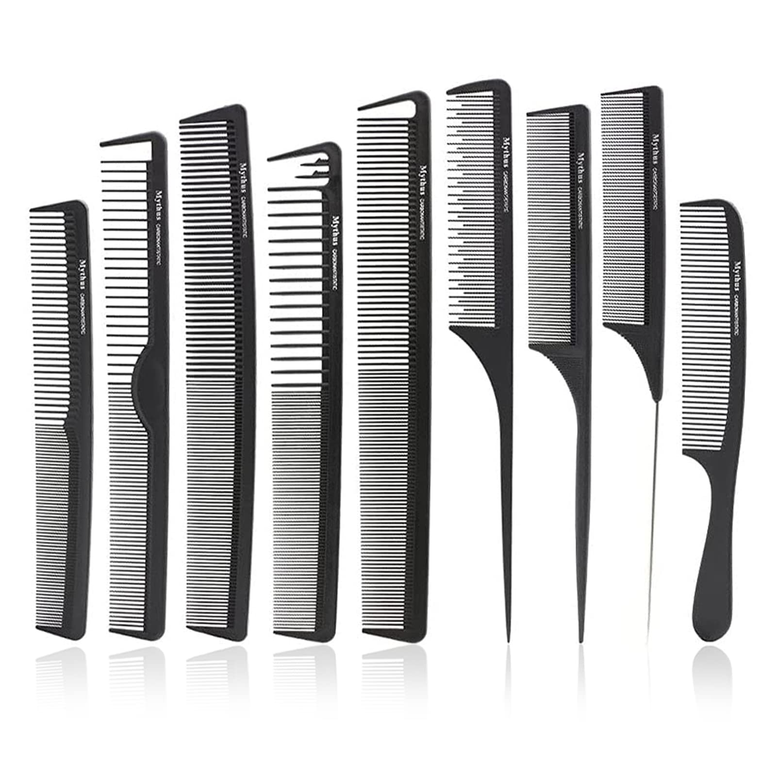 Mythus 9 Piece Black Hairdressing Carbon Comb Kit For Haircut Anti Static