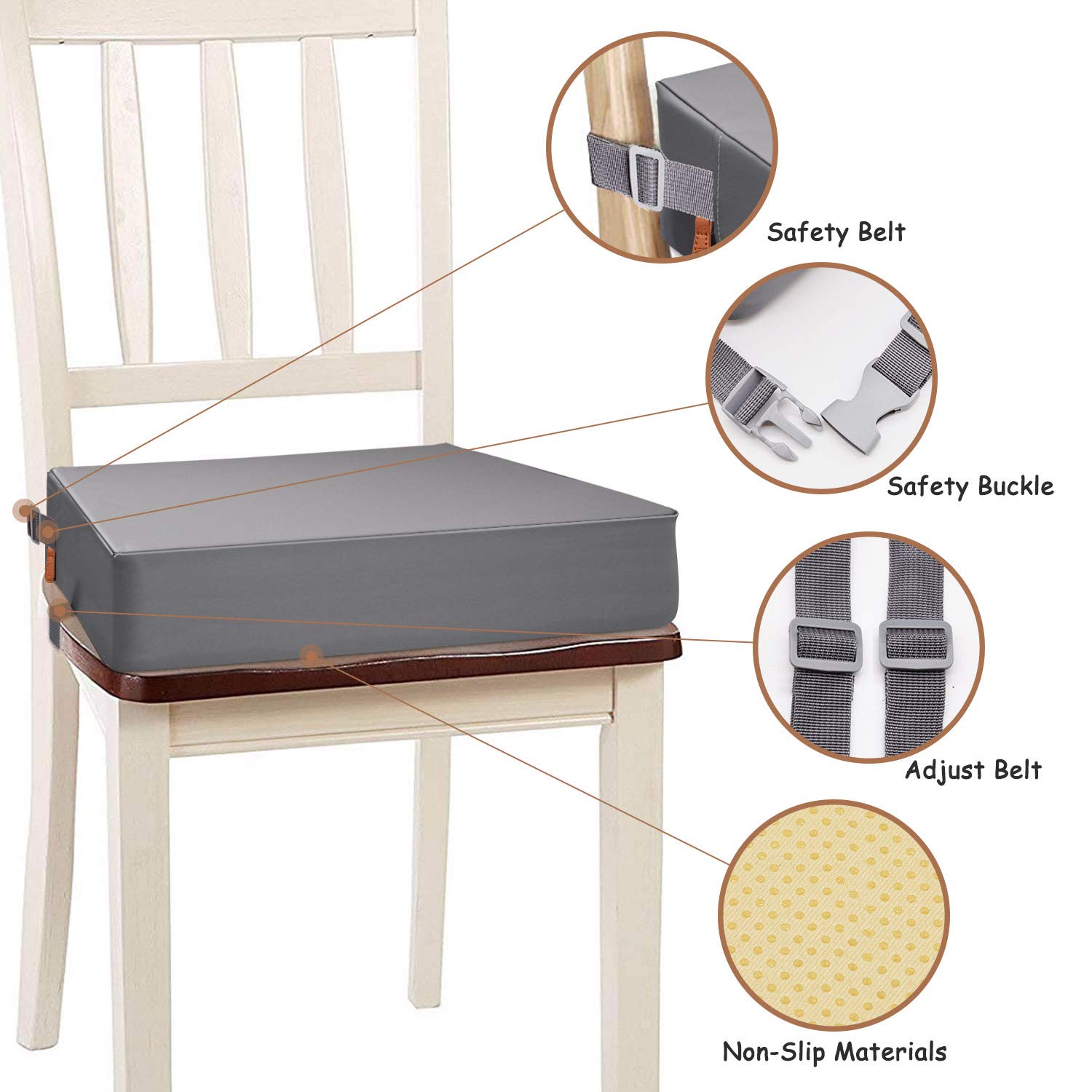 Toddler Booster Seat for Dining Table, PU Washable Double Safe Straps Non-Slip Bottom Booster Seat Dining Toddler, Portable Travel Increasing Cushion (Grey)