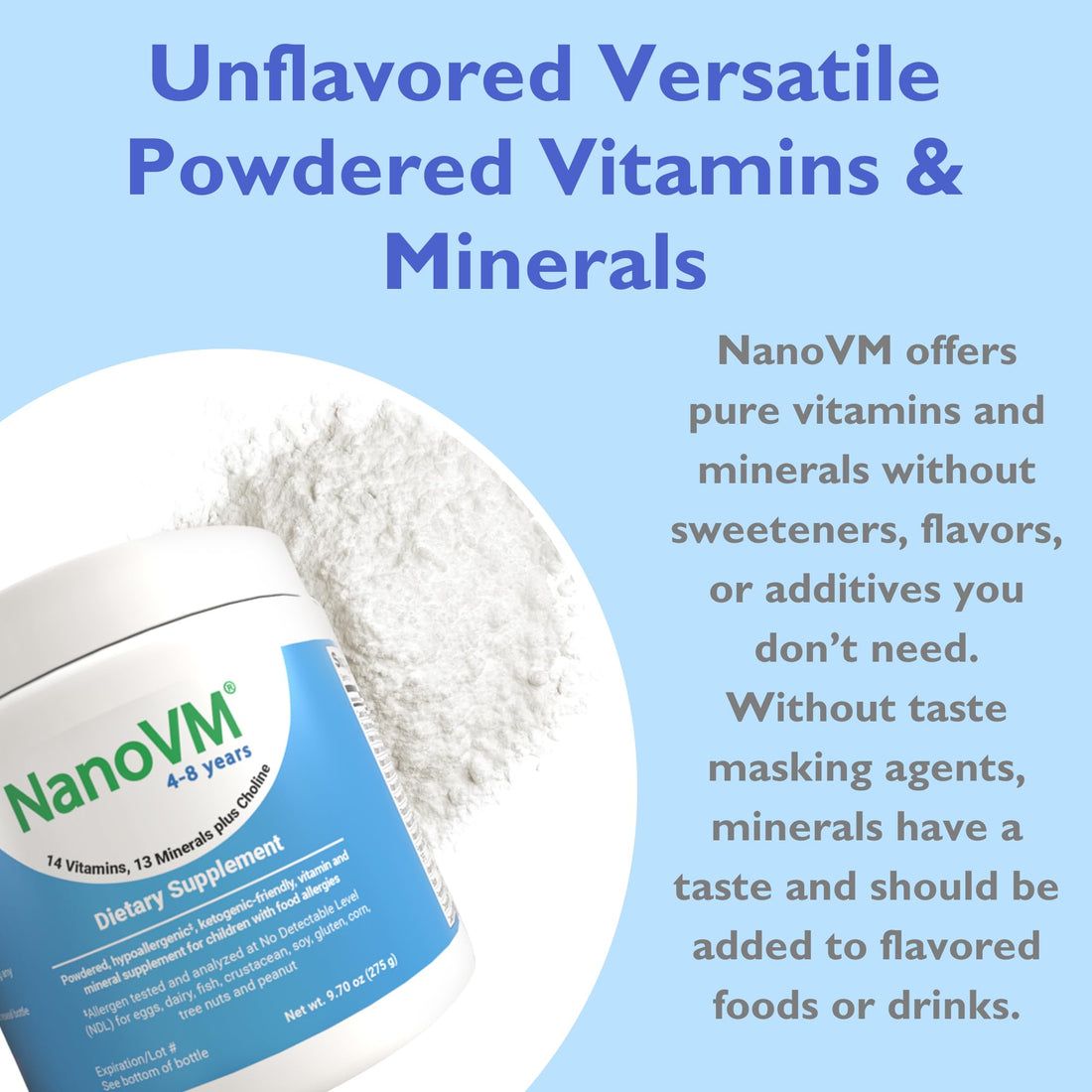 NanoVM 4-8 Years, Allergen-Free Kids Multivitamin, Unflavored Powdered Vitamins, Multivitamin Powder with 14 Vitamins & 13 Minerals, Low-Carbohydrate Vitamin Supplements, 275g - Solace Nutrition