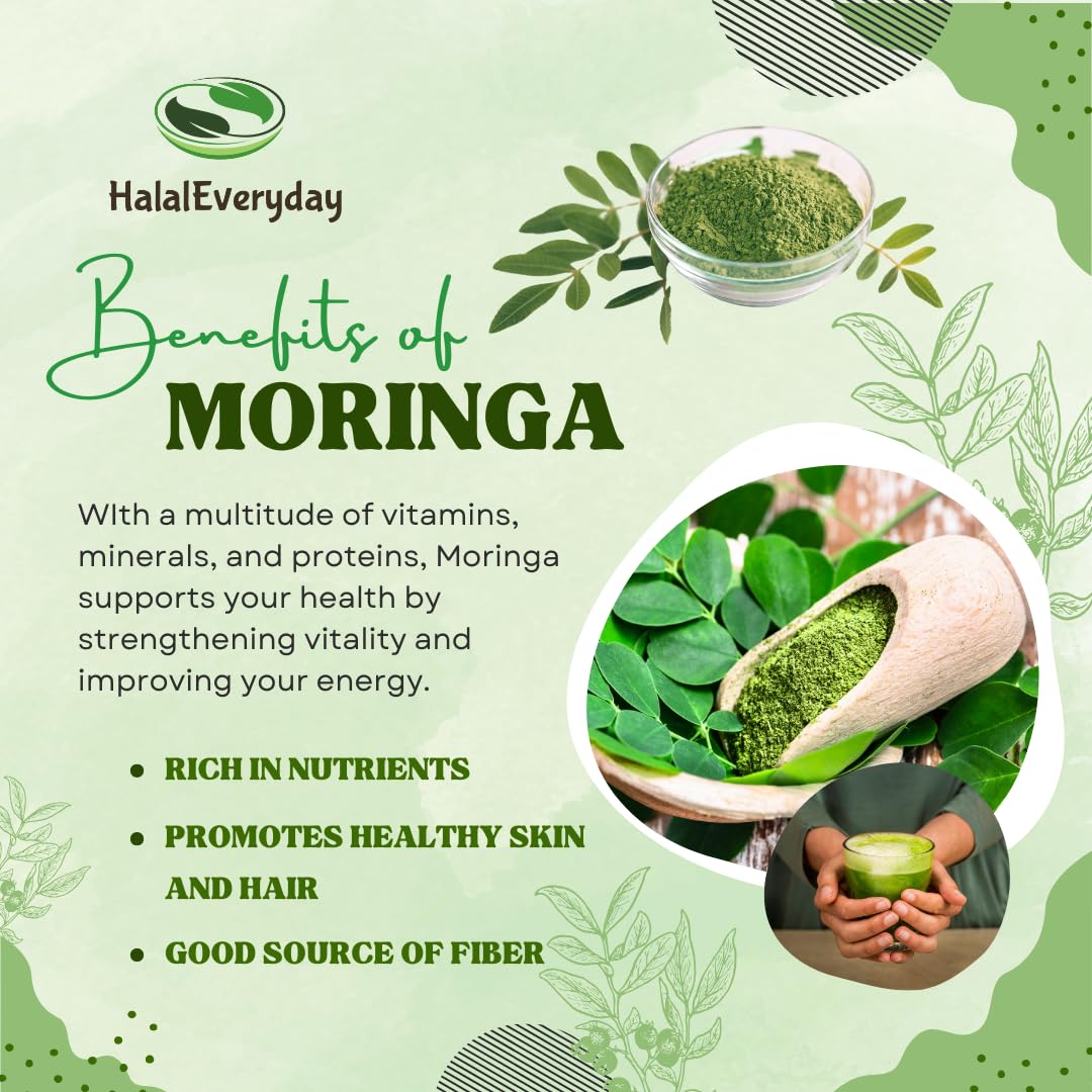 Halal Everyday Moringa Leaf Powder, 100% Pure Vegan Supplement, Energy Booster, Ingredient for Multi-Vitamin Smoothies, 1lb / 16oz Bag