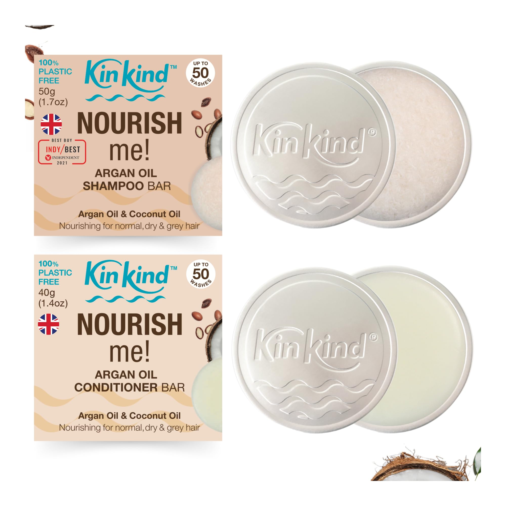KinKind NOURISH me Travel Shampoo and Conditioner Bars. Up to 50 washes. This travel and gift set contains a soap tin for each bar. No leakage, less space, less weight.