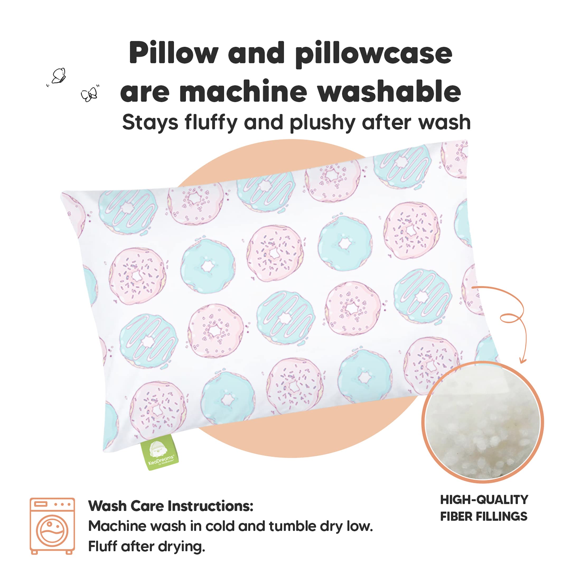 Toddler Pillow with Pillowcase - 13x18 My Little Dreamy Pillow, Organic Cotton Toddler Pillows for Sleeping, Kids Pillow, Travel Pillows, Mini Pillow, Nursery Pillow, Toddler Bed Pillow (Donuts)