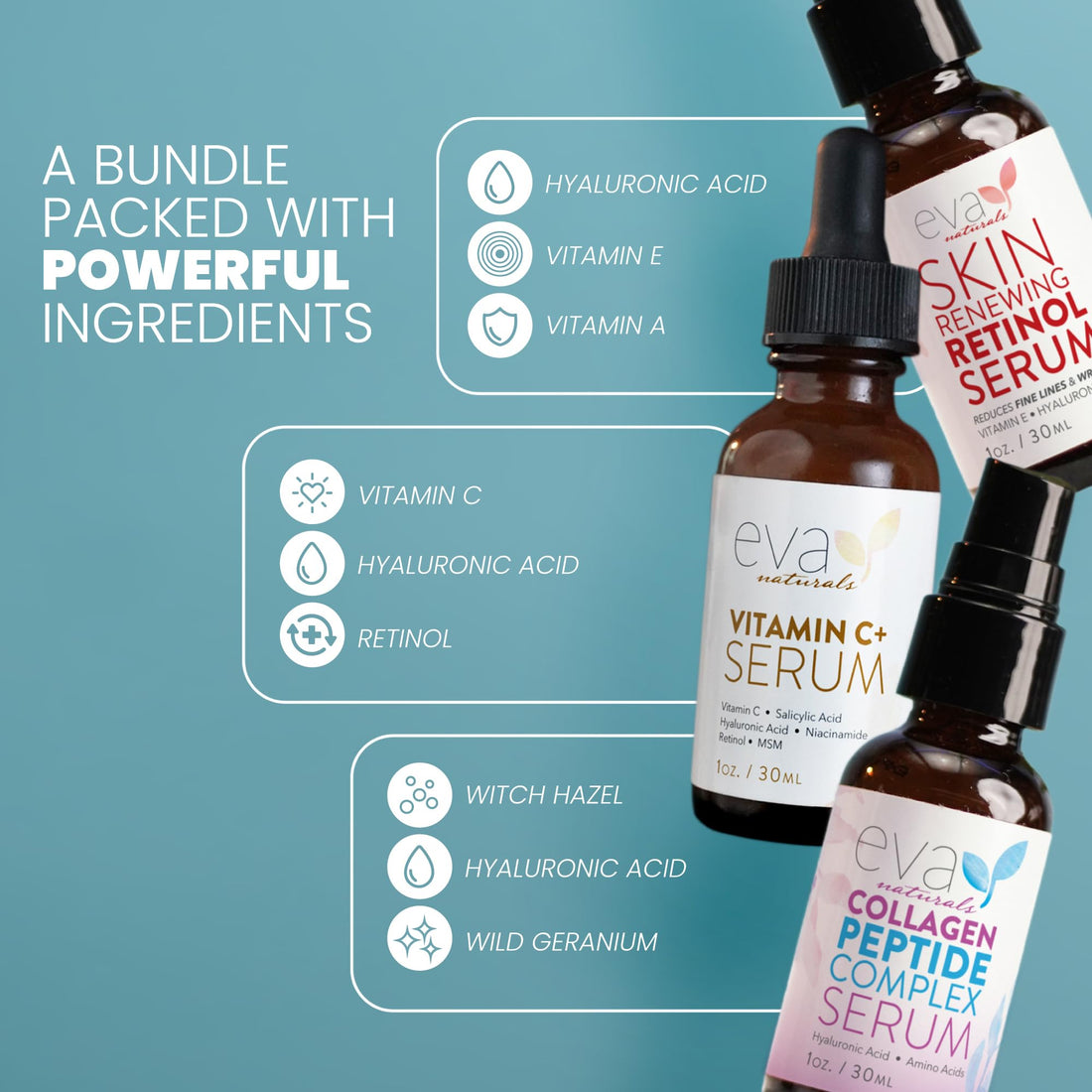 Eva Naturals Trifecta Serum Bundle - Vitamin C Plus, Collagen Peptide Serum, Retinol Serum - Serum Set for Collagen Boost, Anti Aging & Youthful Glowing Skin