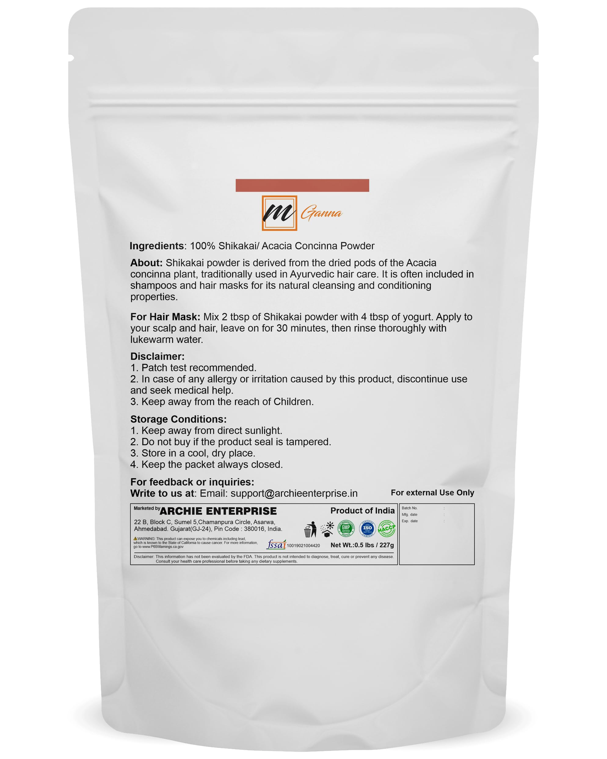 mGanna 100% Pure Shikakai/Acacia Concinna Powder for Hair Care | Natural Hair Cleanser & Conditioner 0.50 LBS / 227 GMS / 8 Oz