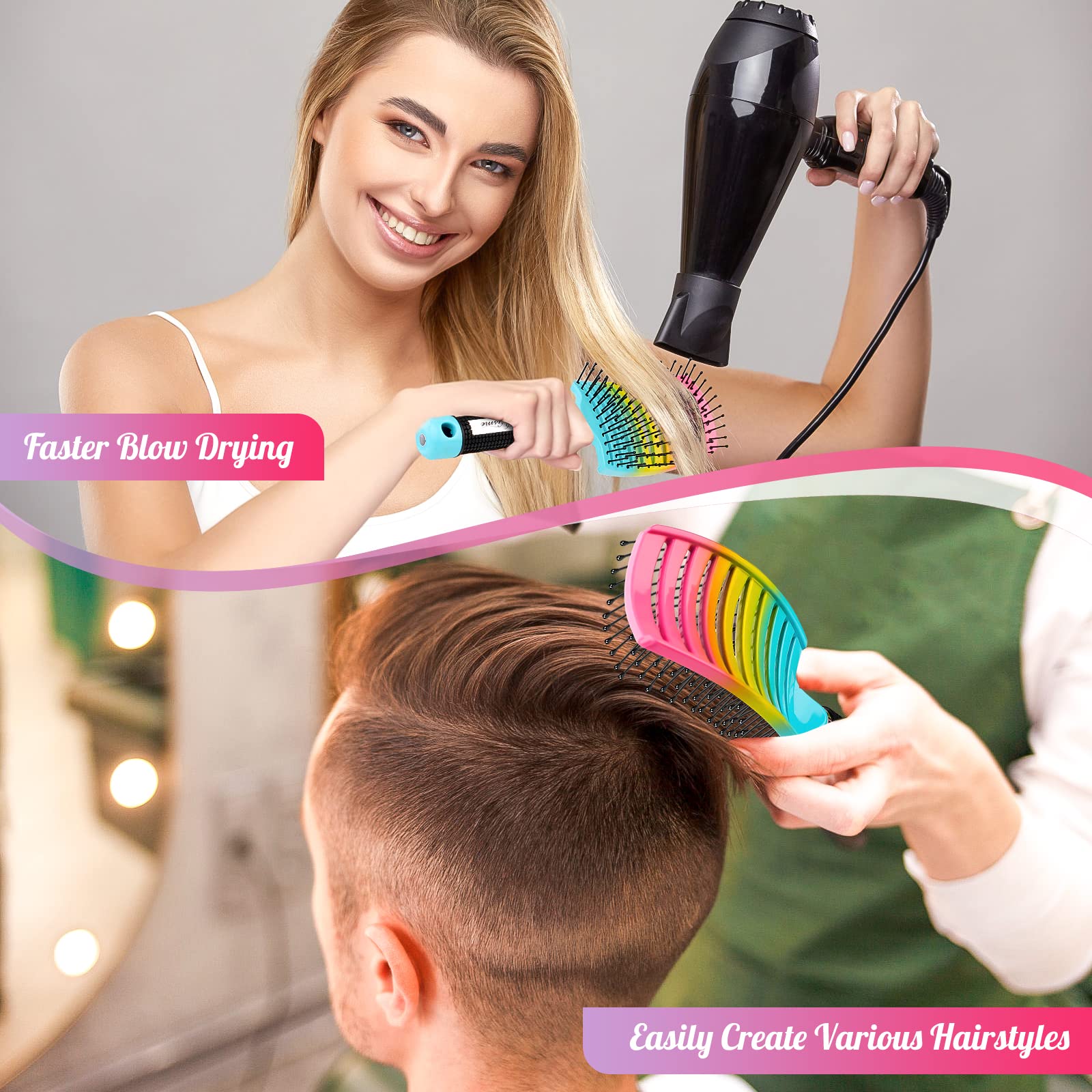 Curved Vented Paddle Brush - Faster Blow Drying, Detangling for Women & Men, Professional Styling for Wet, Curly, Thick or Straight Hair (colourful)