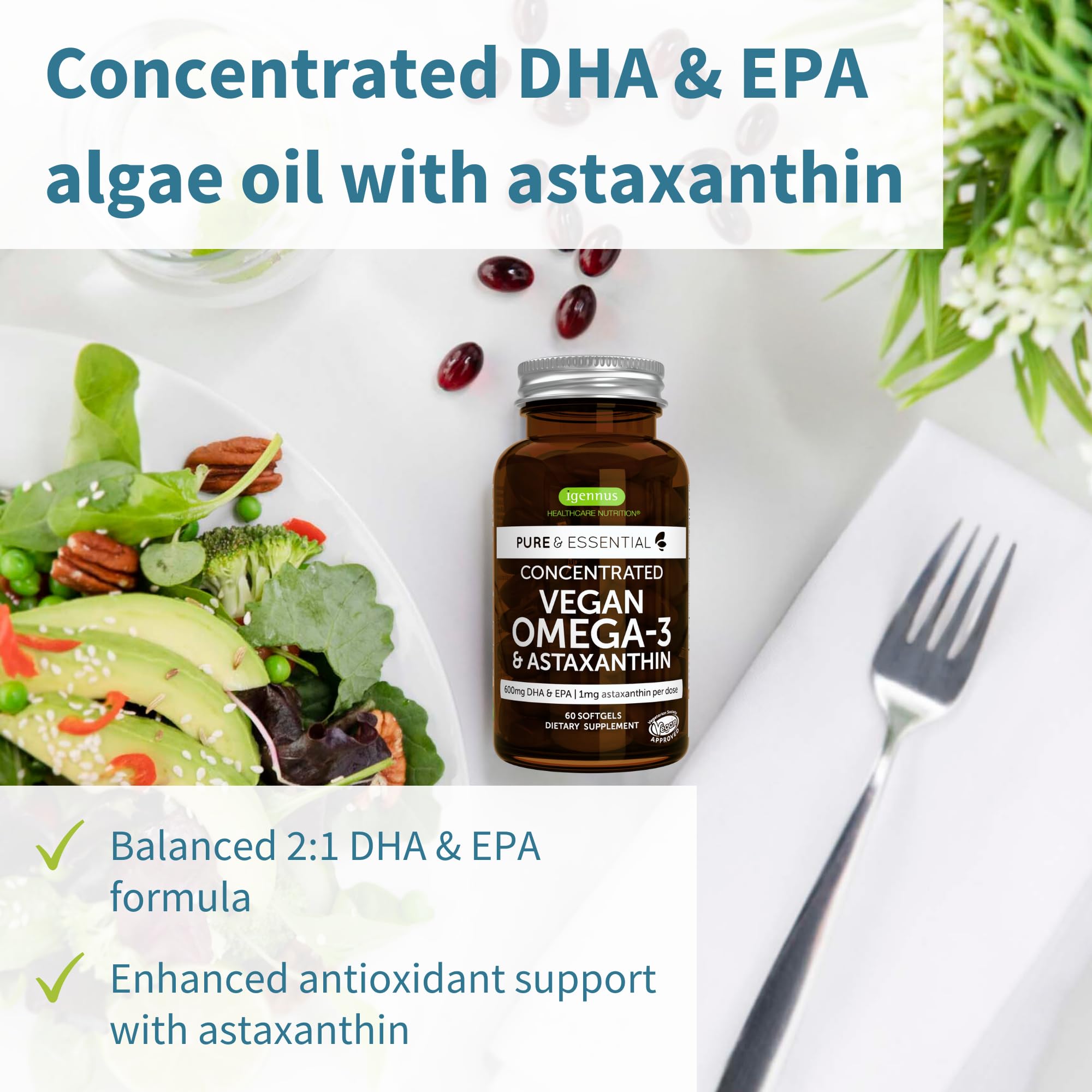 Vegan Omega 3 Triglyceride, Algae Oil & Astaxanthin Antioxidant, 1344mg Omega 3, Pure & Sustainable, 60 Small Softgels, 400mg DHA & 200mg EPA, Clean Label, Easy-to-Swallow, 30 Servings, by Igennus