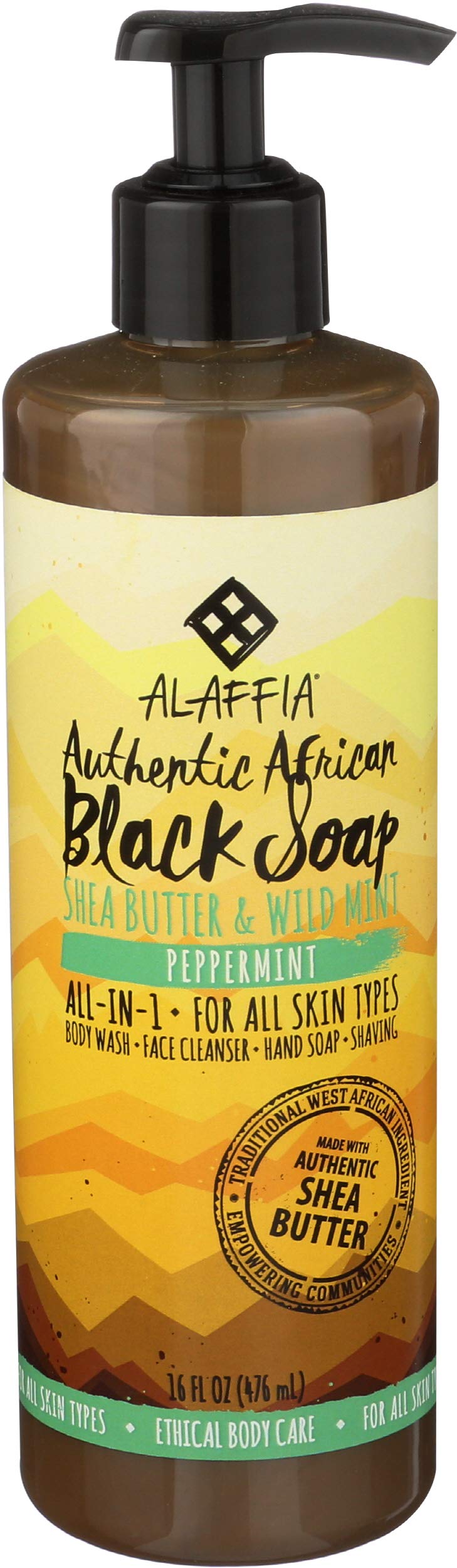 Alaffia - Authentic African Black Soap, All-in-One Body Wash, Shampoo, and Shaving Soap For All Skin and Hair Types, Fair Trade, No Parabens, Non-GMO, No SLS, Peppermint, 16 Ounces (FFP)
