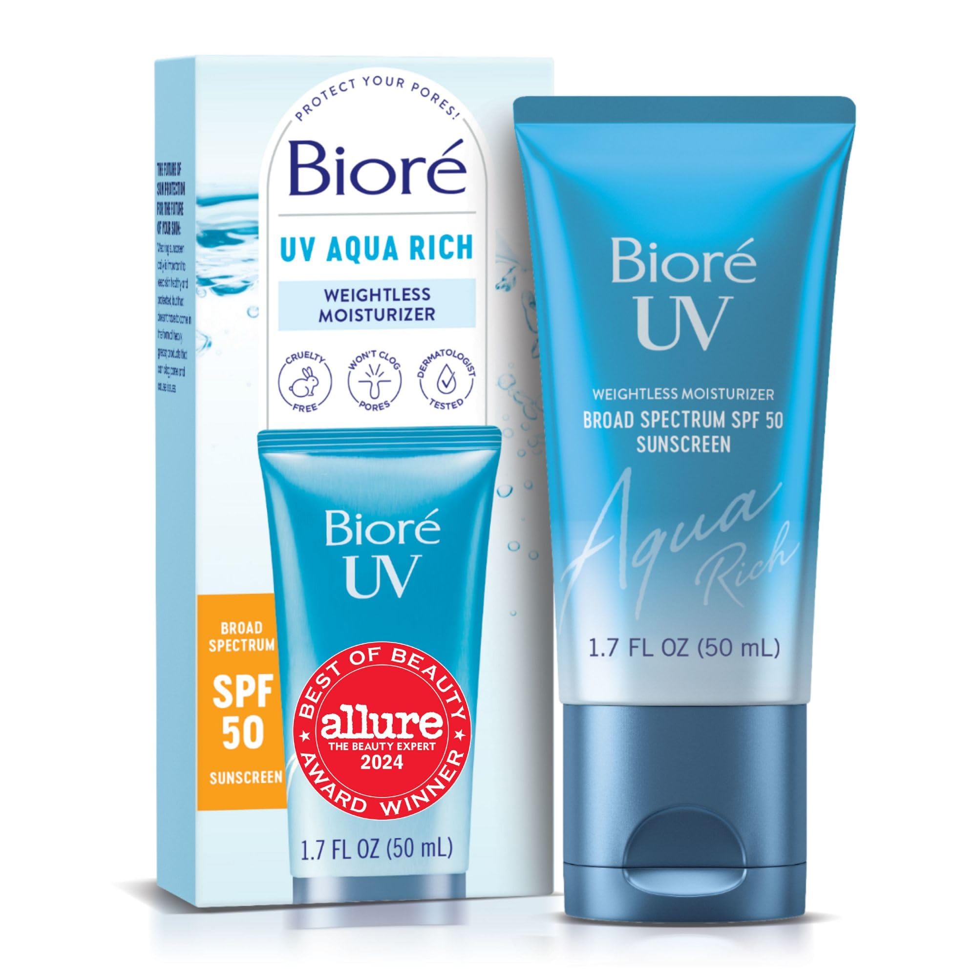Bioré UV Aqua Rich Daily Hydrating Facial Moisturizer with SPF 50 | Oil-Free Sunscreen & Primer for Makeup with Hyaluronic Acid, No White Cast, Non-Comedogenic, For Sensitive Skin, PA++++, 1.7 Oz