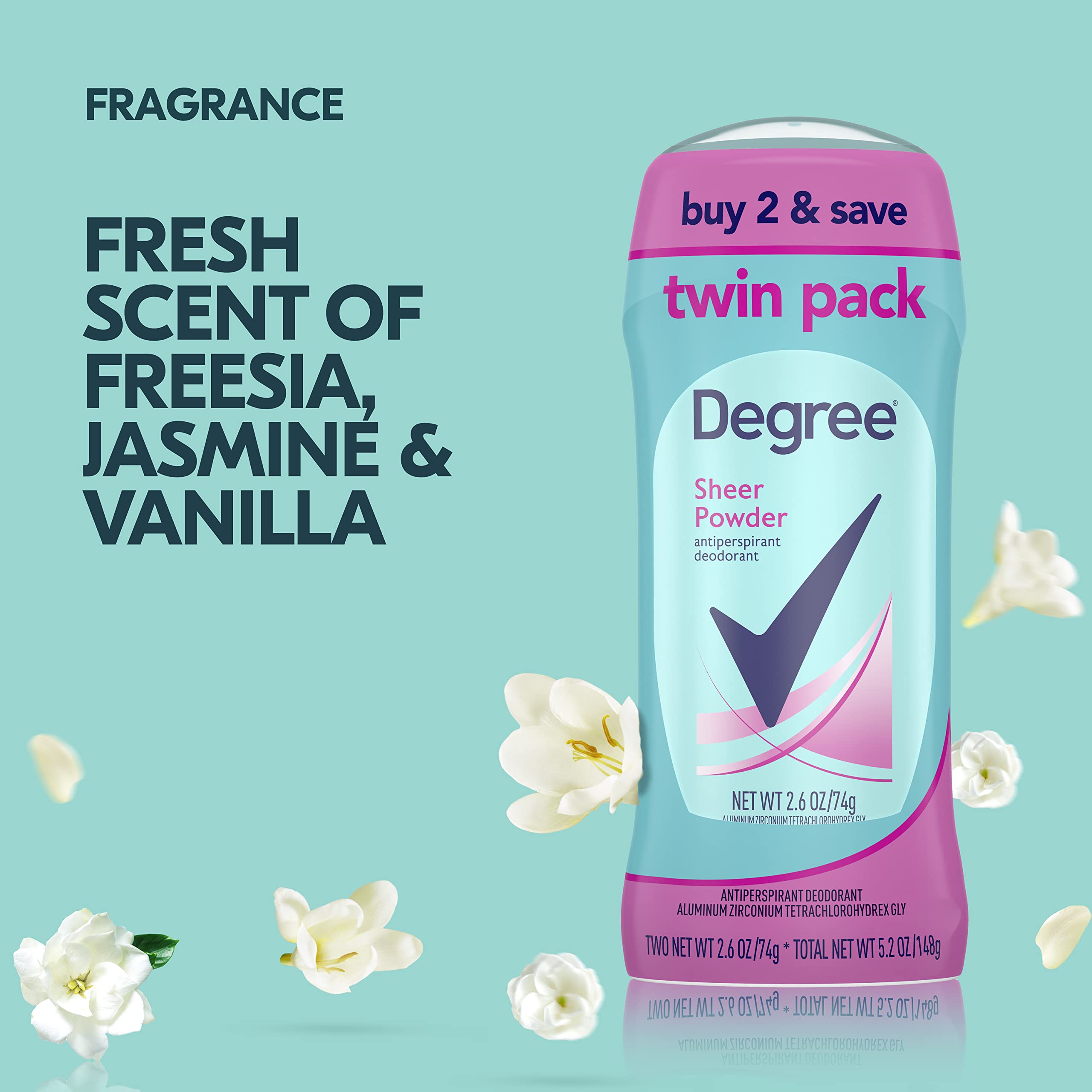 Degree Women Antiperspirant Deodorant Stick, Sheer Powder 2.6 oz, Twin Pack