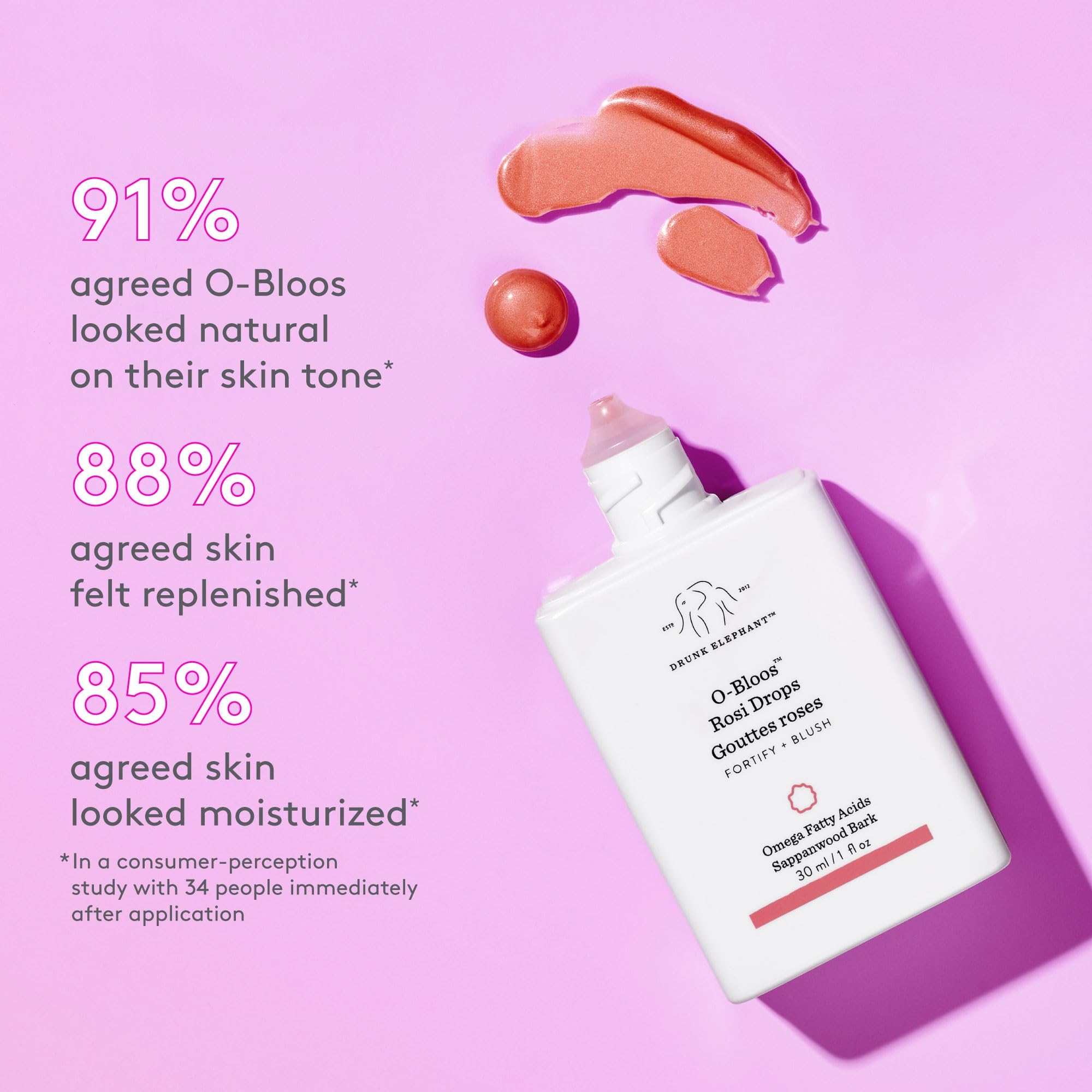 Drunk Elephant O-Bloos Rosi Drops - 30 ml/1 fl oz - Peachy-Pink Color Serum Drops - Clean Clinical Skincare - Cruelty-Free - Dermatologist-Tested - Free of Essential Oils, Silicones, and Fragrance