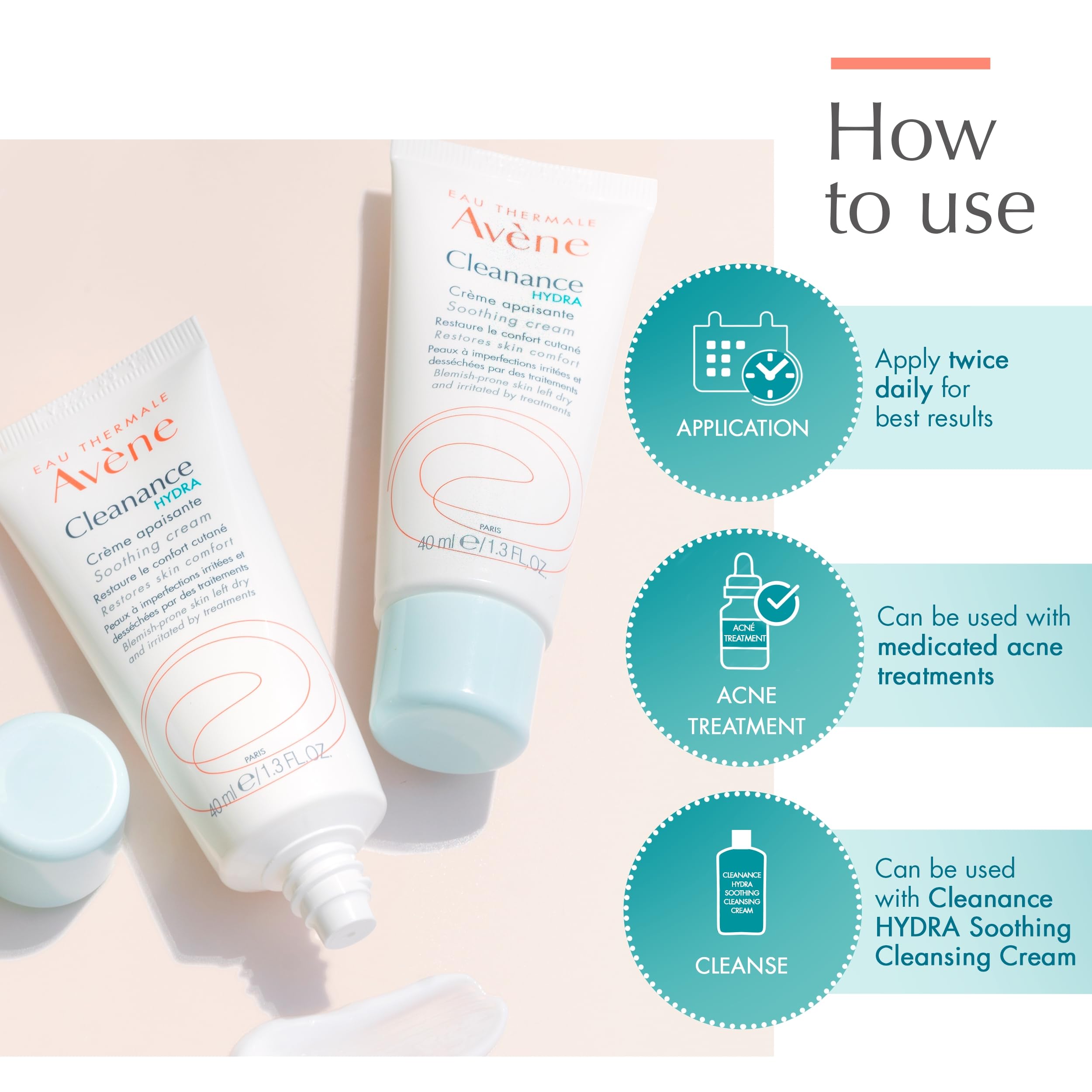 Avène Cleanance HYDRA Soothing Cream, Rich Moisturizer, Adjunctive Care for Drying Acne Treatments, 1.3 oz.