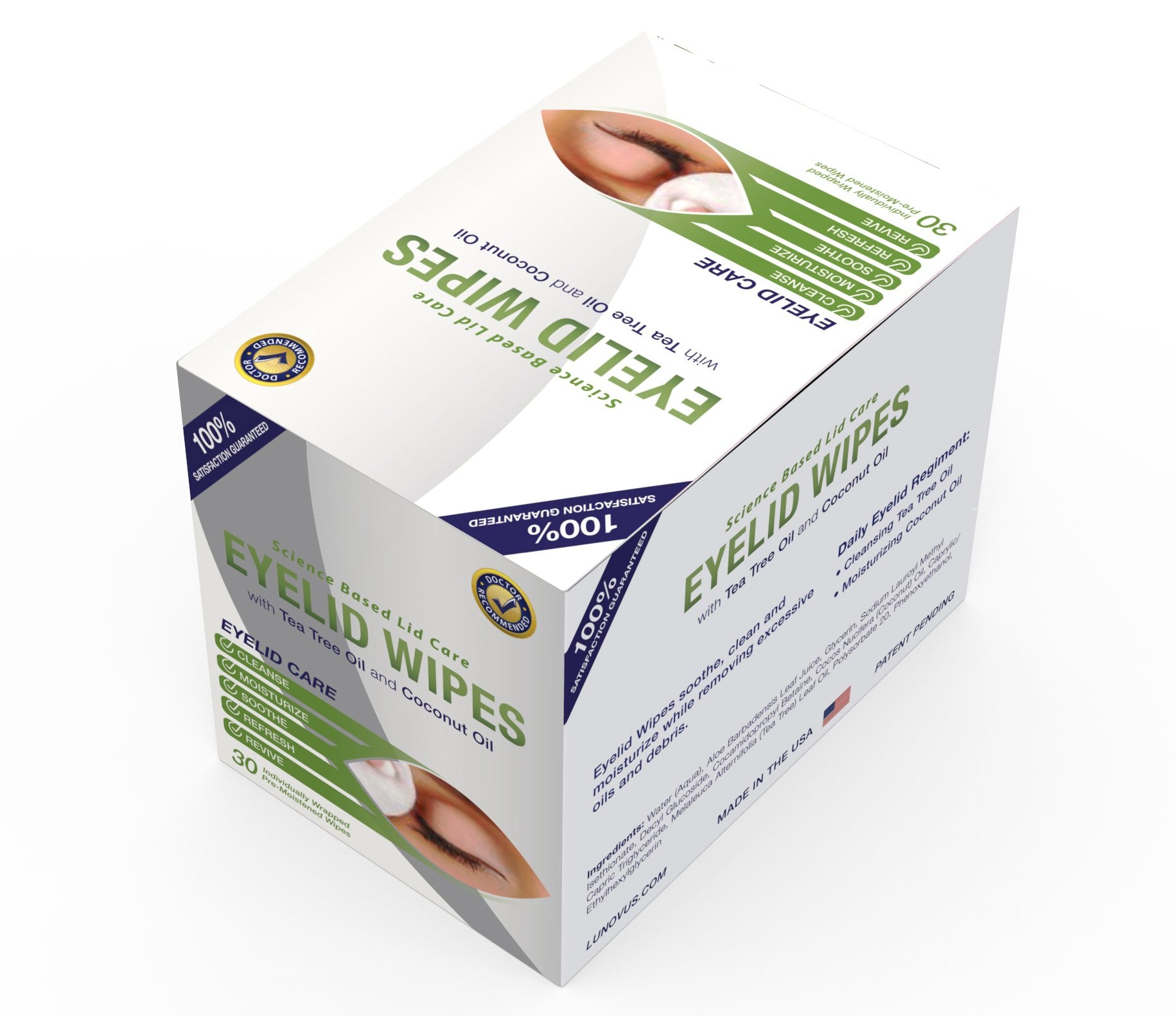 Eyelid Wipes With Tea Tree and Coconut Oil - Cleansing Eye Wipes for People Itchy Eyes - Box Of 30 Natural Eye Wipes