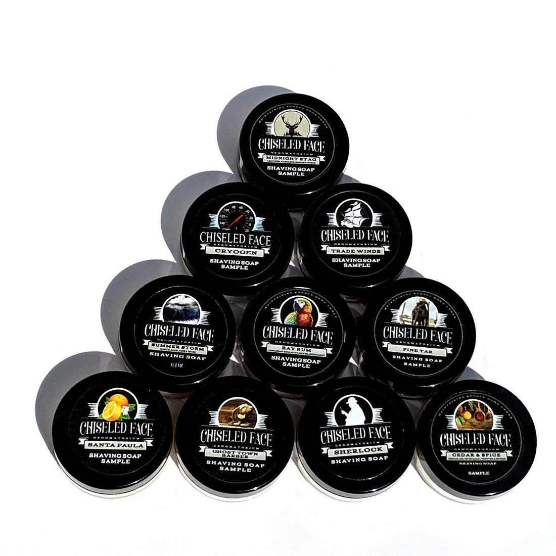 Shaving Soap Sampler by Chiseled Face ââ‚¬â€ Santa Paula, Pine Tar, Sherlock, Cedar & Spice, Summer Storm, Trade Winds, Ghost Town Barber, Cryogen, and Midnight Stag ââ‚¬â€ Handmade Shaving Soap