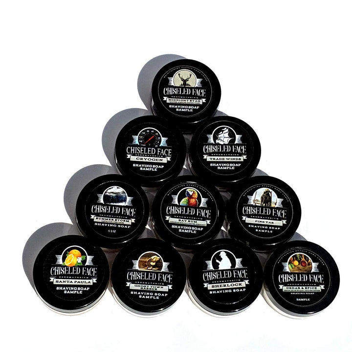 Shaving Soap Sampler by Chiseled Face ââ‚¬â€ Santa Paula, Pine Tar, Sherlock, Cedar & Spice, Summer Storm, Trade Winds, Ghost Town Barber, Cryogen, and Midnight Stag ââ‚¬â€ Handmade Shaving Soap