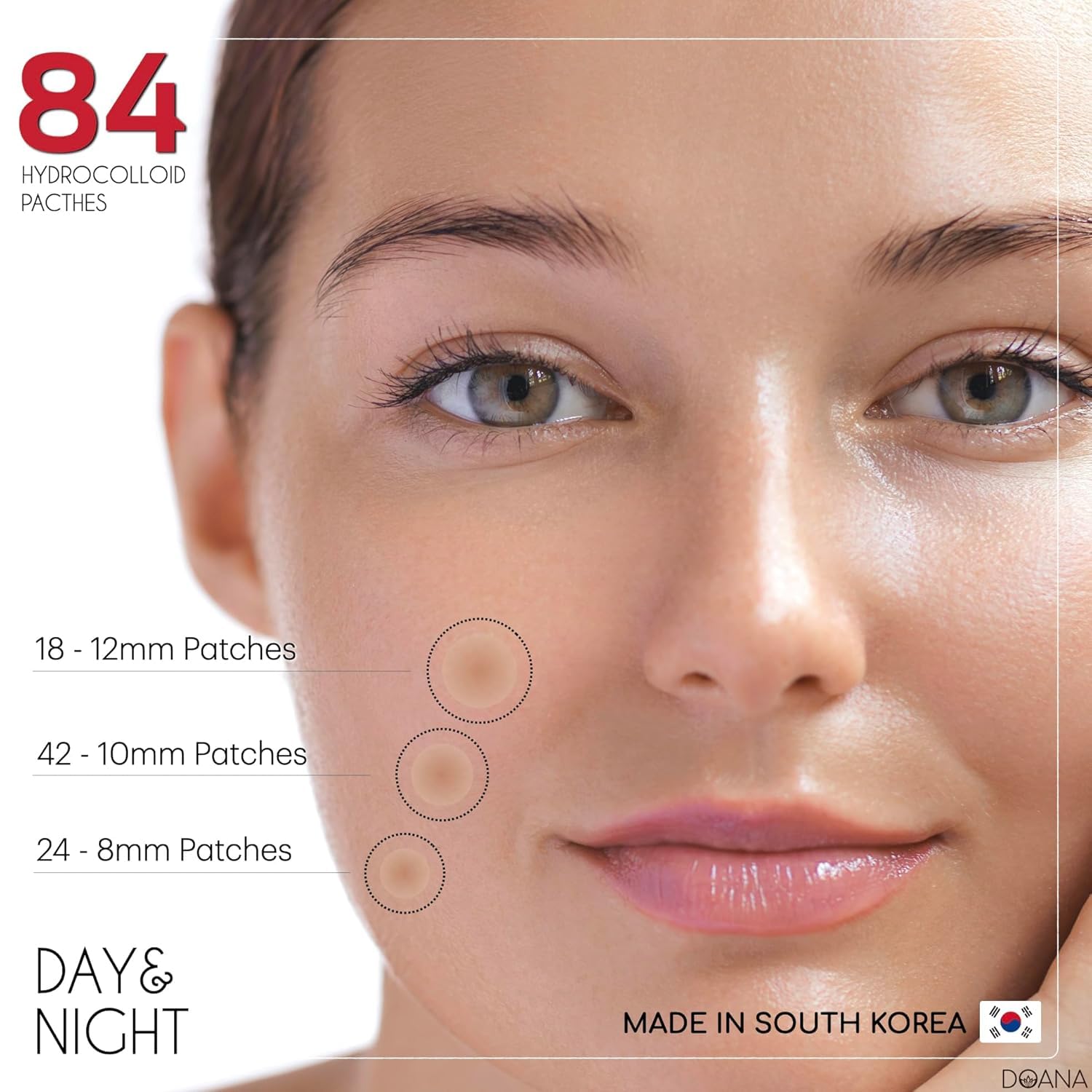 DOANA Korean Pimple Patches - 84 Count / Made in KOREA - Absorbing Hydrocolloid 3 Size Acne Patches for Blemishes. Zits Cover, Spot Stickers for Face and Body, Day and Night, Round Shape