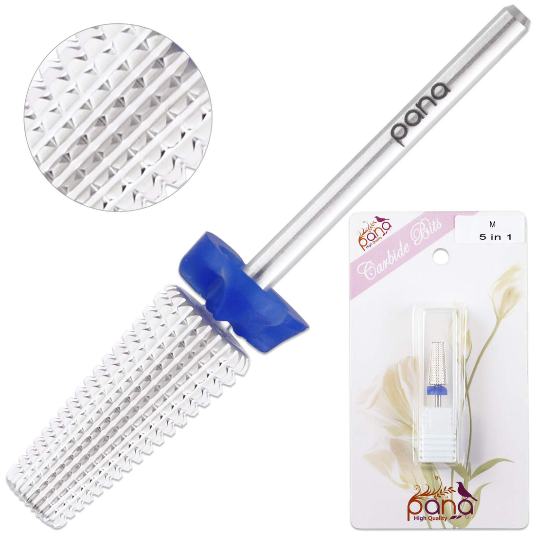 PANA Nail Carbide 5 in 1 Bit - Two Way Rotate use for Both Left and Right Handed - Fast remove Acrylic or Hard Gel - 3/32 Shank - Manicure, Nail Art, Drill Machine (Medium - M, Silver)