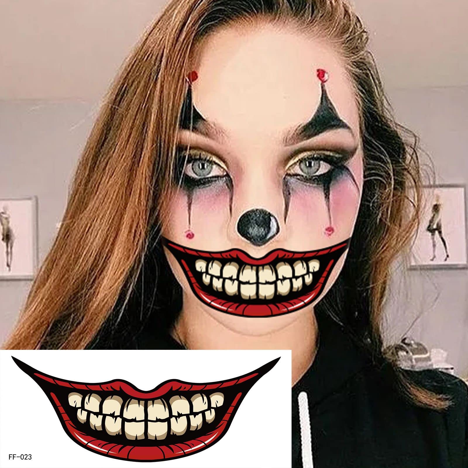 Halloween Temporary Horror Scary Mouth Tattoo Stickers Props Makeup Costume Accessories Face Kit Men or Women Adults Cosplay Party Masquerade