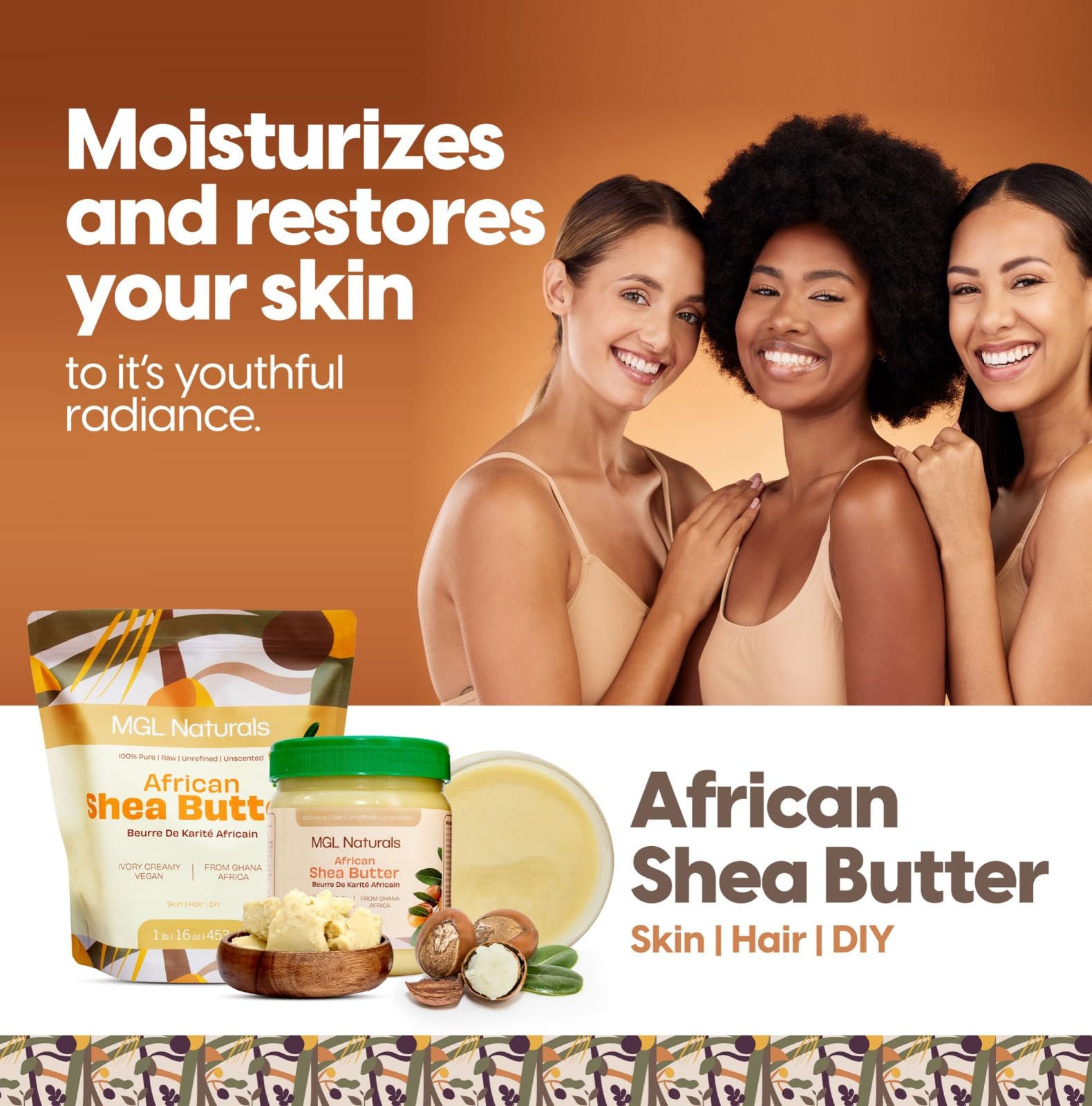 MGL Naturals Raw African Shea Butter Ivory, 100% Pure, and Unrefined. Nourish and moisturize hair and skin. Use alone or DIY recipes. From Ghana, West Africa. 16oz in jar