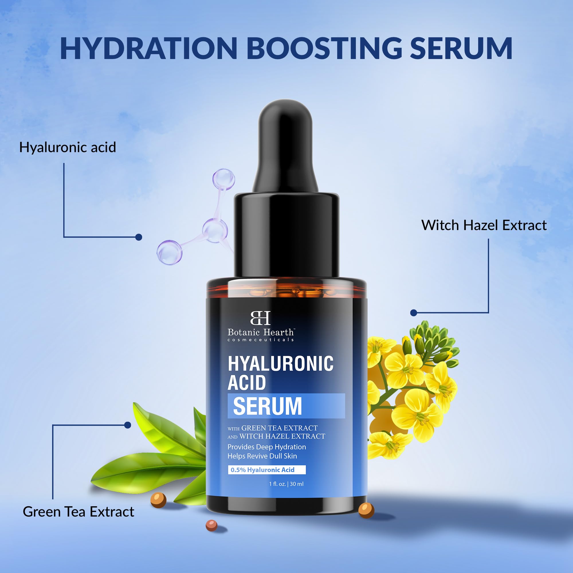 Botanic Hearth 0.5% Hyaluronic Acid Serum for Face with 2% Niacinamide, Witch Hazel & Green Tea Extracts | Hydrating & Moisturizing | Helps Reduce Wrinkles & Fine Lines | All Skin Types | 1fl oz