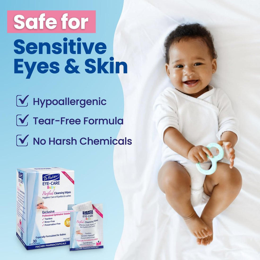 Dr. Fischer Premium Baby Eyelid Wipes, 60 Count, Pre-moistened, Hypoallergenic, Non-Irritating, Rinse Free, Pediatrician Recommended