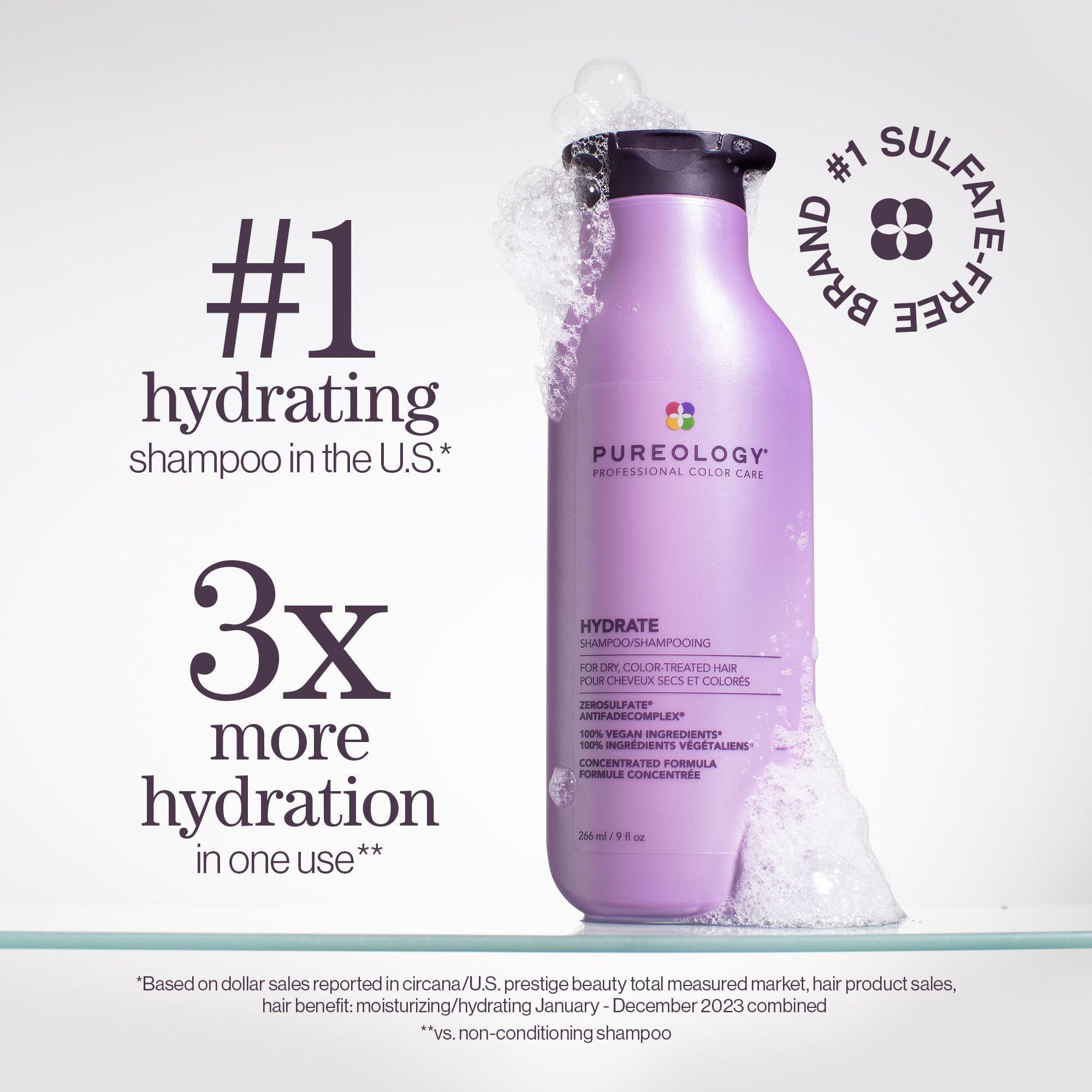 Pureology Hydrate Moisturizing Shampoo | Softens and Deeply Hydrates Dry Hair | For Medium to Thick Color Treated or Natural Hair | Sulfate Free Shampoo | Vegan