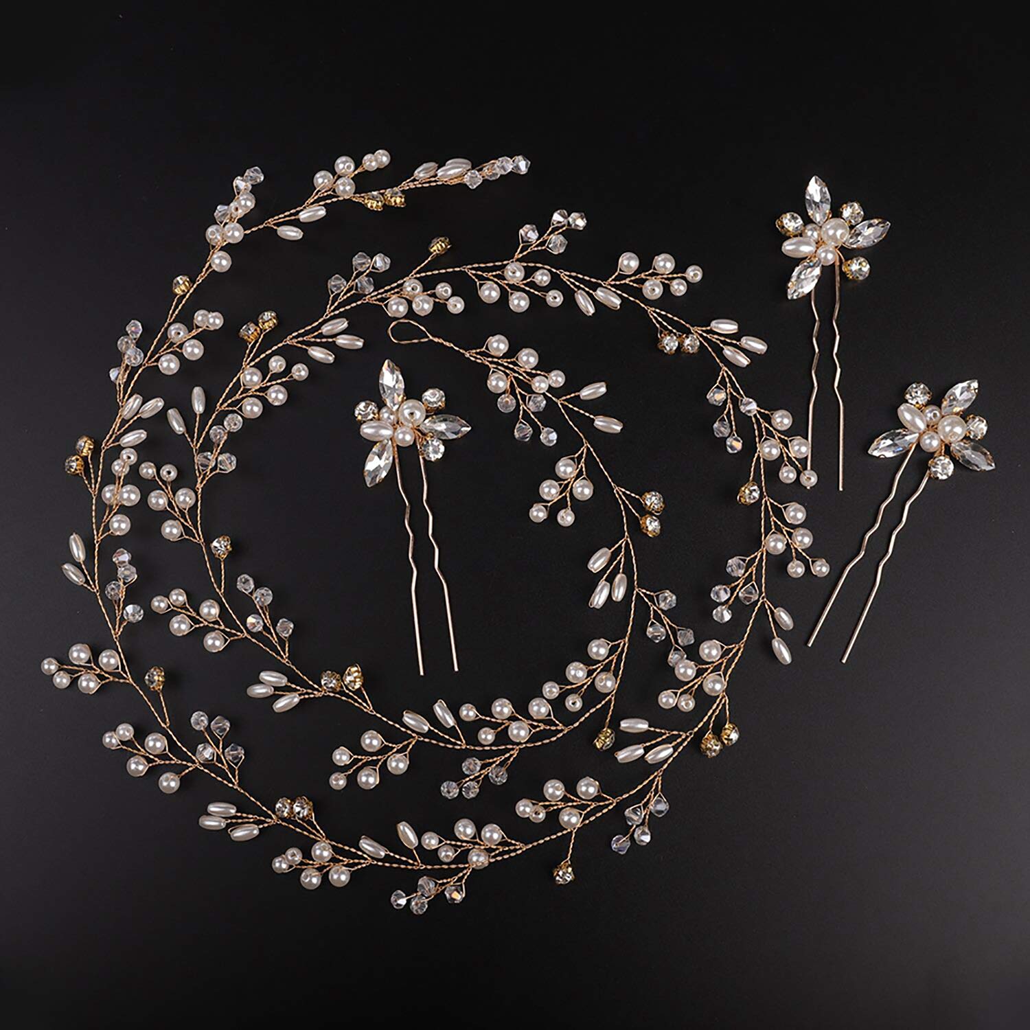 Deniferymakeup Bridal Rose Gold and Gold Silver Extra Long Pearl and Crystal Beads Bridal Hair Vine Wedding Head Piece Bridal Hair Accessories Headband Hair Jewelry Hair Accessories (Gold)