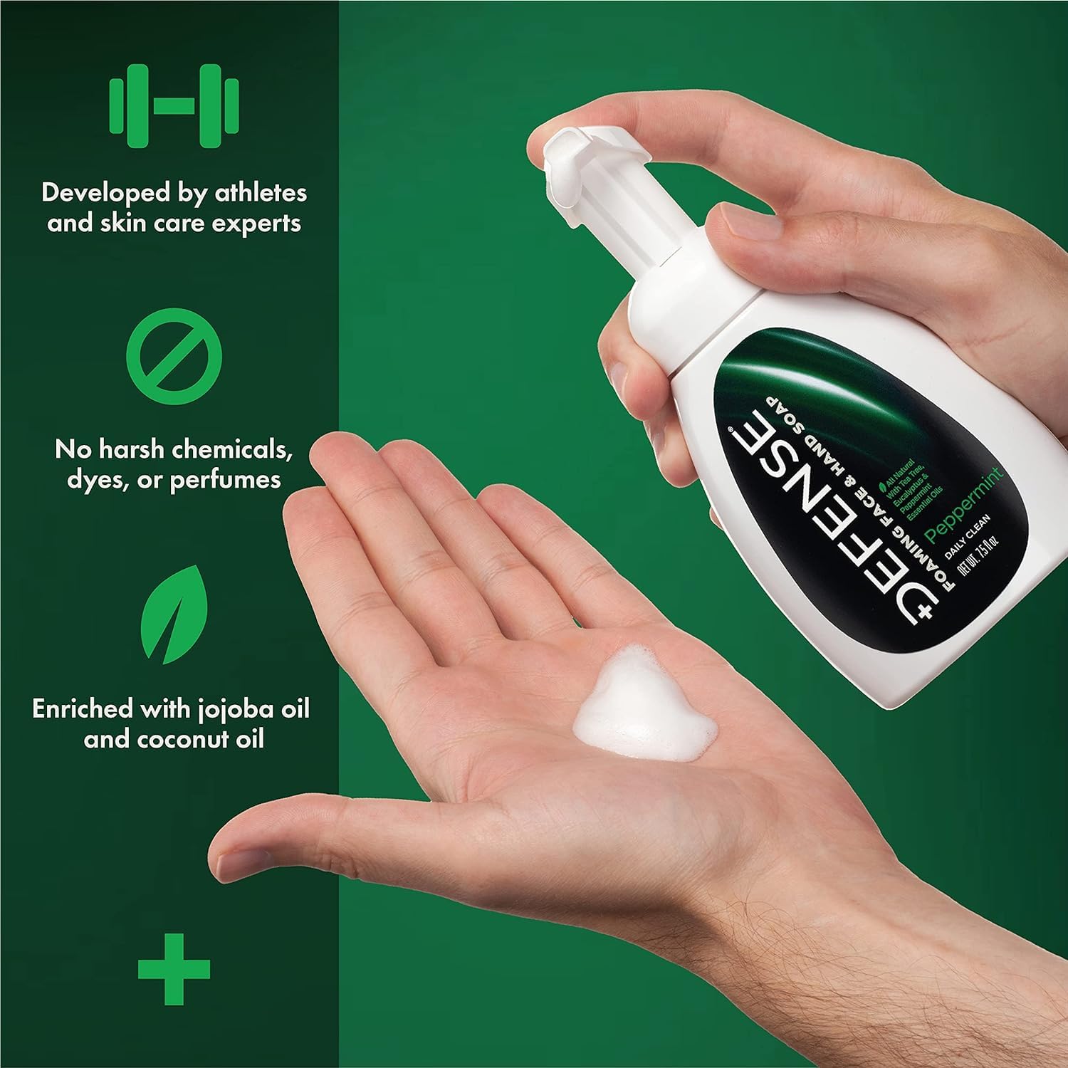 Defense Liquid Foaming Face & Hand Soap, Original + Peppermint 7.5 Fl Oz Combo with Tea Tree, Eucalyptus, Jojoba, Aloe Vera, Olive & Coconut Oils