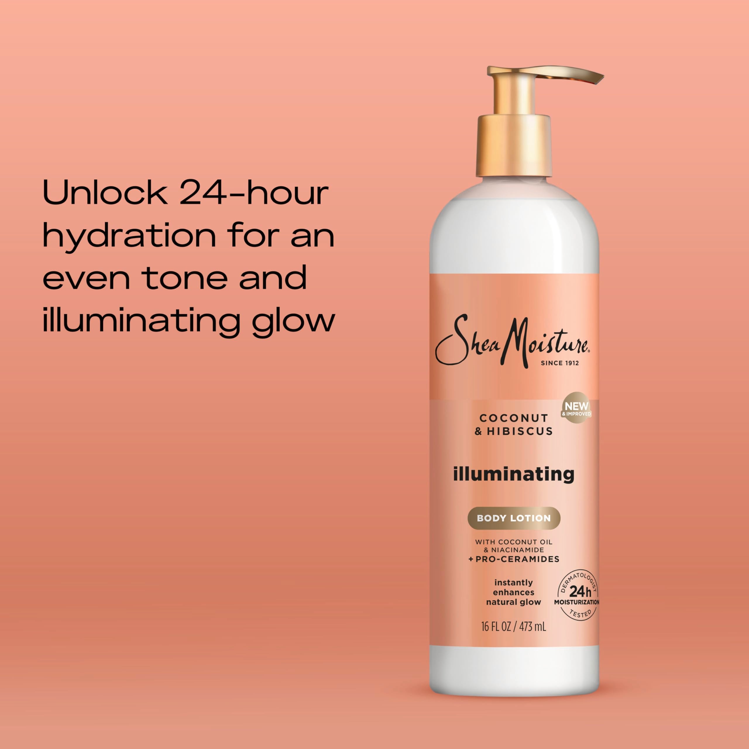 SheaMoisture Illuminating Body Lotion with Coconut Oil, Hibiscus, Niacinamide and Pro-Ceramides, Instantly Enhancing Skin's Natural Glow, 24H Moisturizing 16 oz