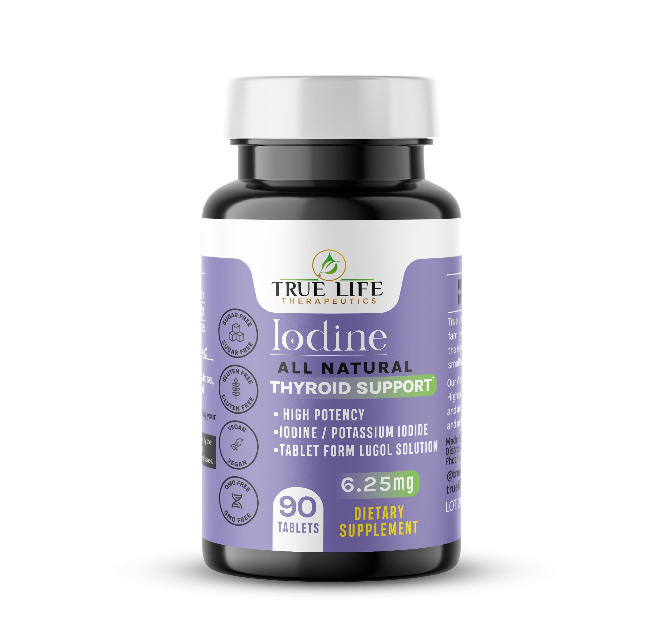 Lugol's Iodine Tablets 6.25mg x 90 ct - Reddish Brown Stable Iodine + Potassium Iodide Formula, Masks Bitter Liquid Taste, Thyroid Support, Detox, Breast Health - No Preservative, Non-GMO, Gluten-free