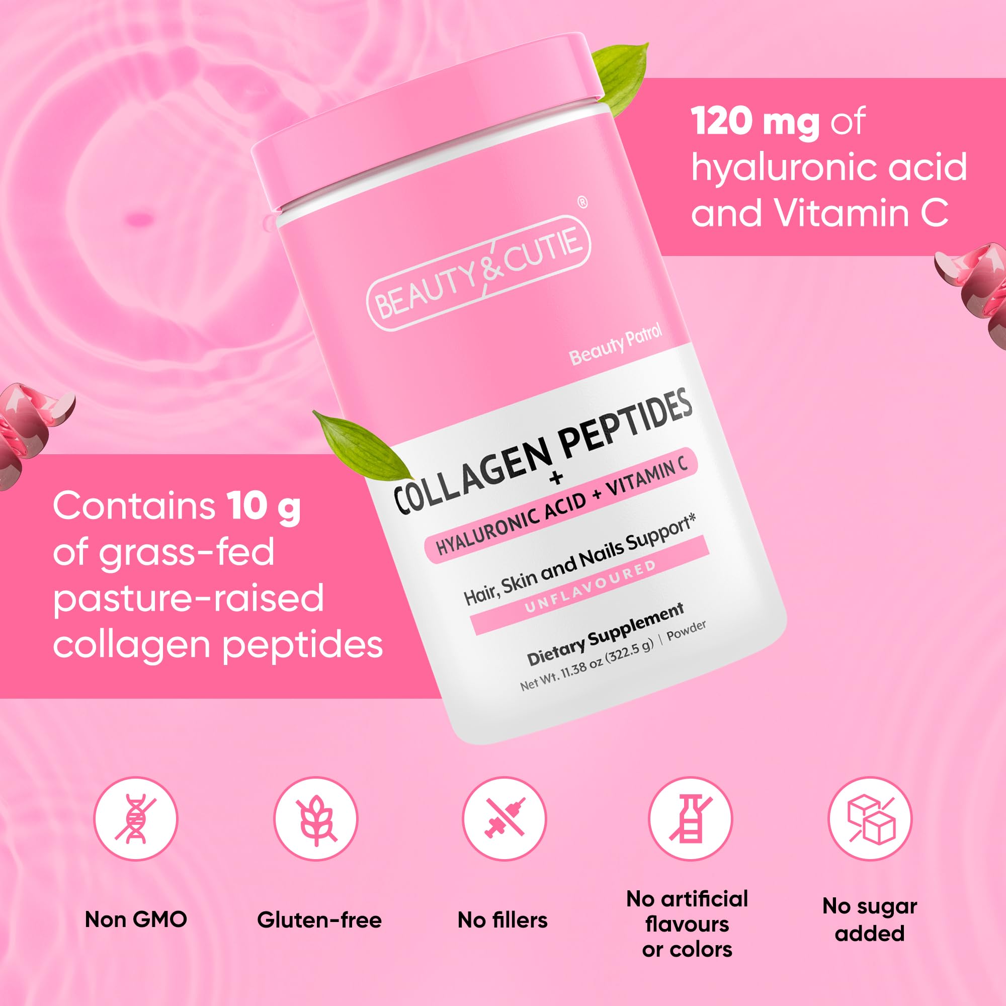 BEAUTY AND CUTIE Collagen Peptides 10g with Hyaluronic Acid 120 mg and Vitamin C Powder, Hair, Skin and Nails Support, Grass Fed, Unflavored, 11.38 oz