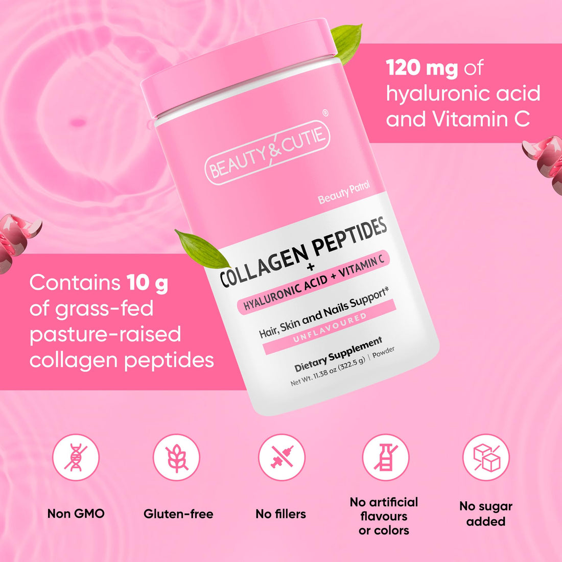BEAUTY AND CUTIE Collagen Peptides 10g with Hyaluronic Acid 120 mg and Vitamin C Powder, Hair, Skin and Nails Support, Grass Fed, Unflavored, 11.38 oz