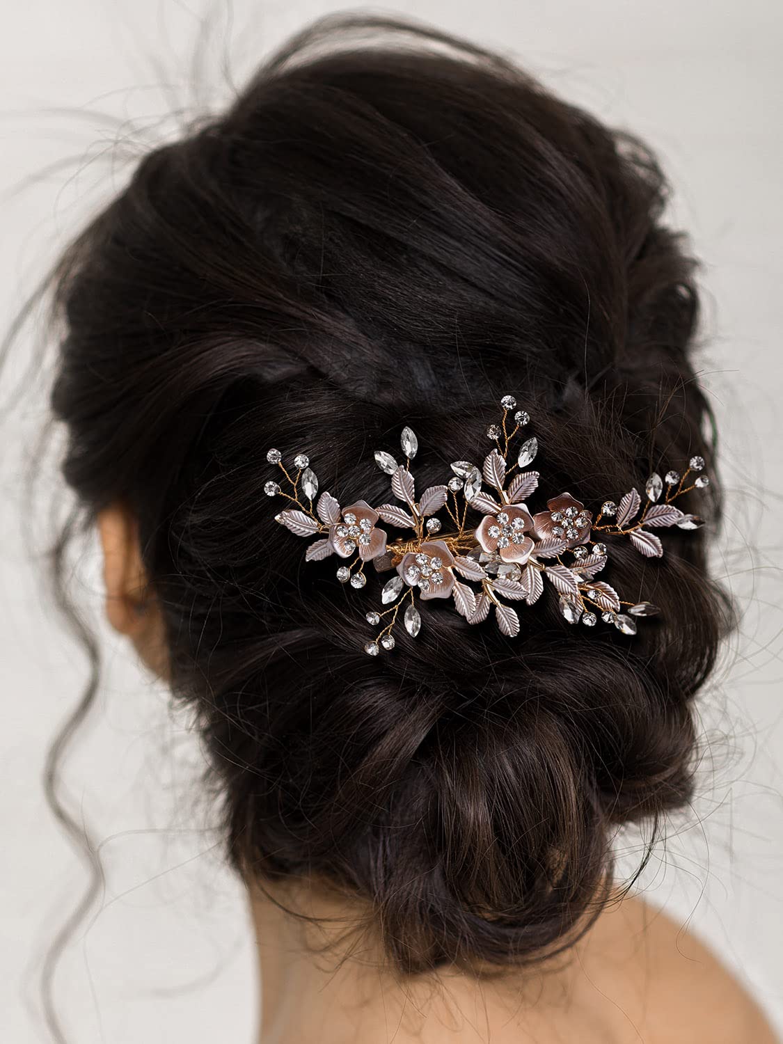 SWEETV Light Rose Gold Wedding Clip Rhinestone Bridal Comb Barrette - Handmade Flower Clip Head Pieces for Women