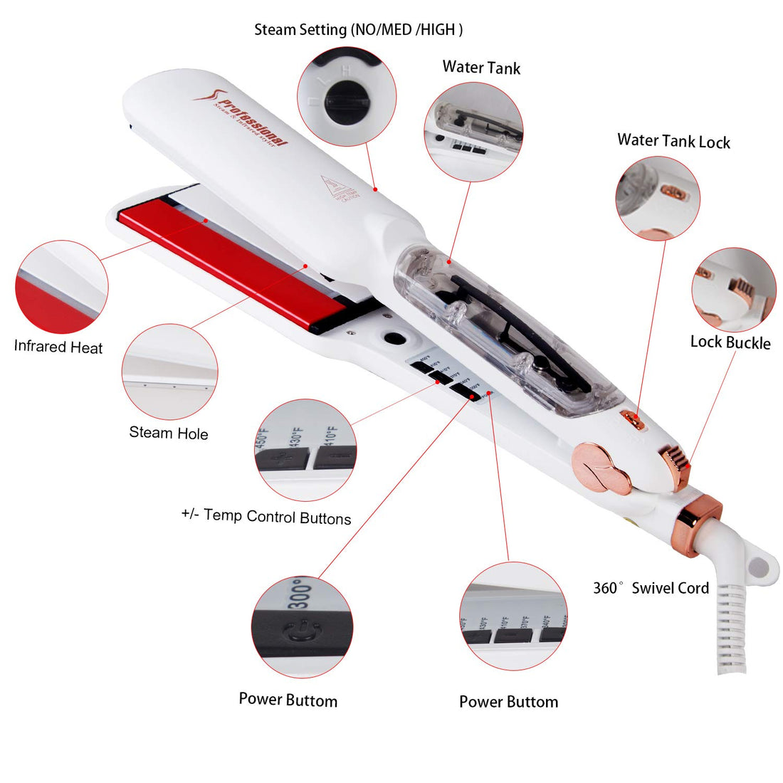 DORISILK Professional Infrared Steam Flat Iron Hair Straightener 2 inch Wide Tourmaline Ceramic Plate, Vapor Instant Heat Up with Adjustable Temperature, Dual Voltage (White)
