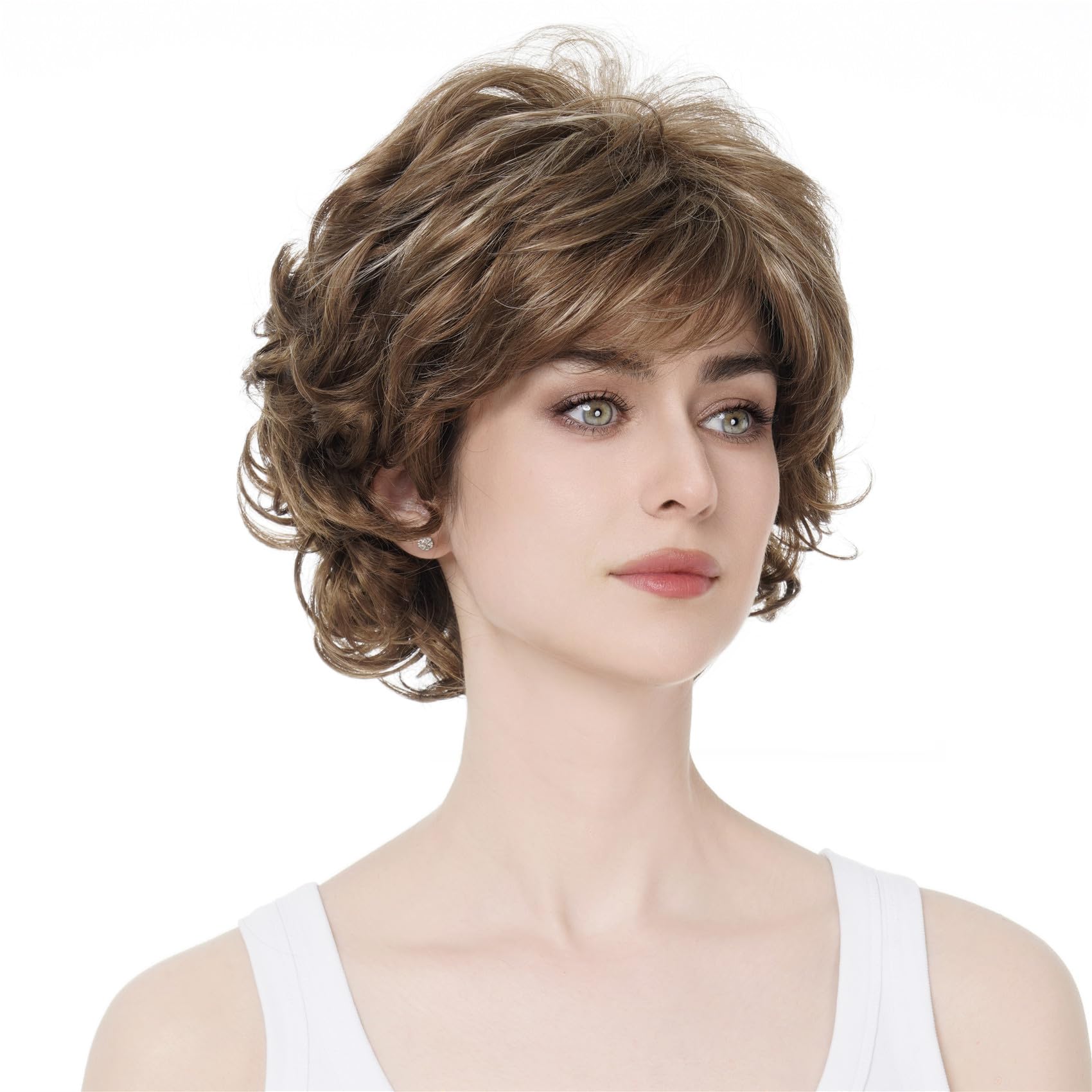 #12TT26-Brown Highlighted: Aimole Short Curly Synthetic Wigs Full Capless Hair Women's Thick Wig for Everyday 12TT26 Brown Highlighted