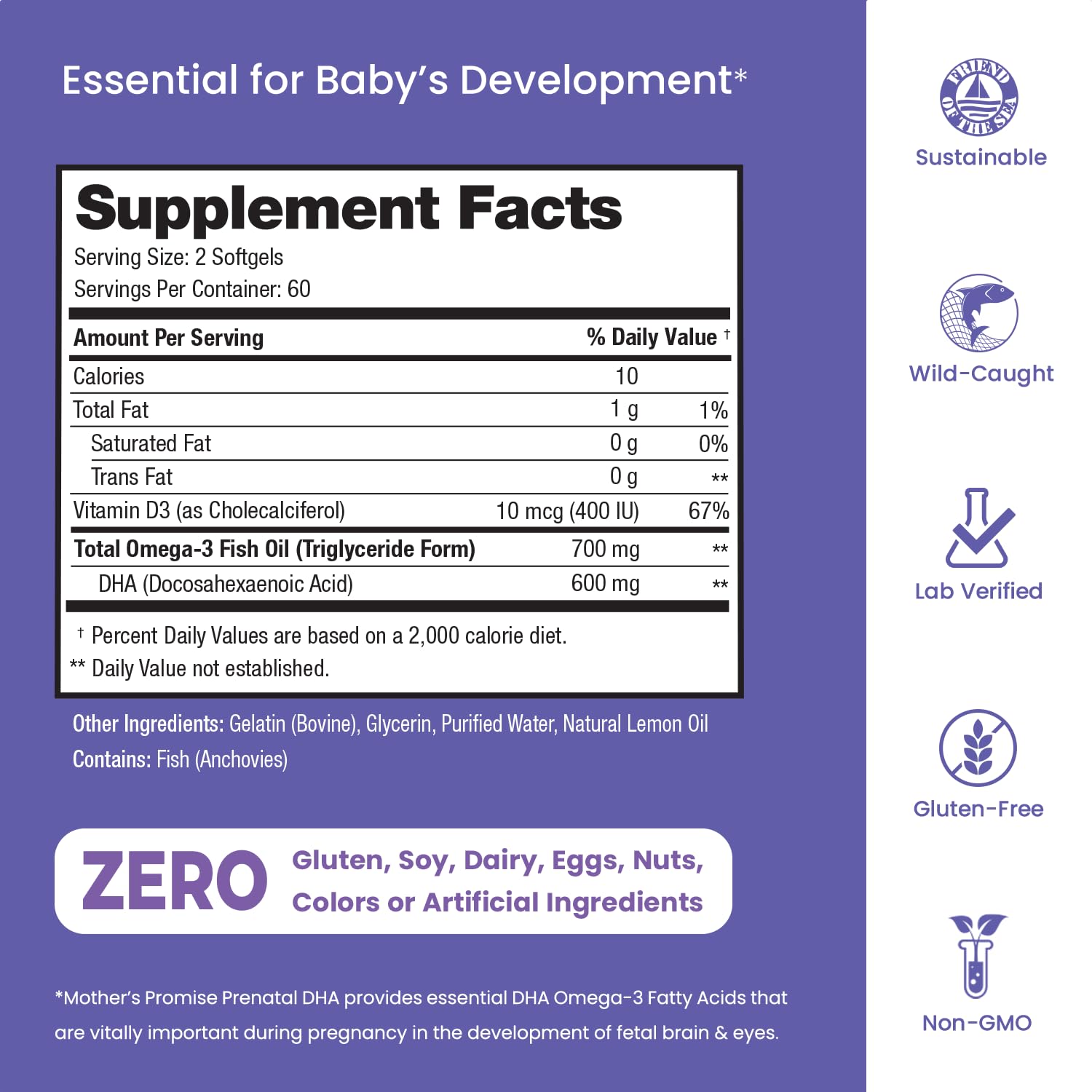 Prenatal DHA for Women 600mg + 400 IU Vitamin D3 | 120 Softgels | Supports Brain Health | Triglyceride Omega 3 Fish Oil DHA Prenatal Vitamins for Pregnancy & Nursing | 300mg per Capsule