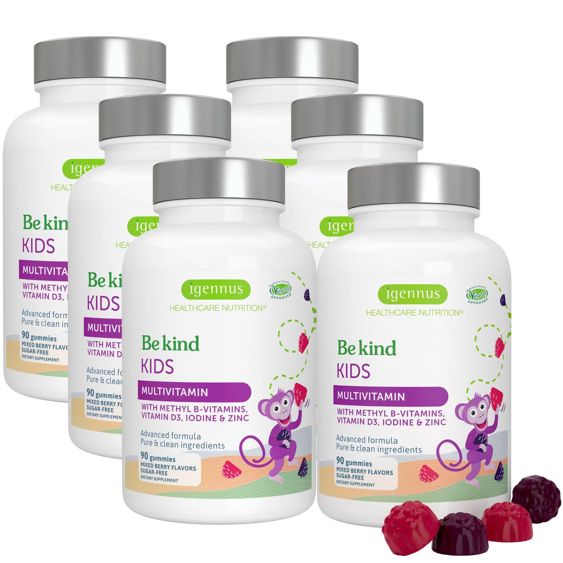 Igennus Methylated Kids Multivitamin Gummy, MTHFR Supplement with B-Vitamins & Vitamin D, No Artificial Sweeteners or Flavors, Sugar Free, Age 4+, 90 Berry Gummies, Non-GMO, Halal, Clean Label x6