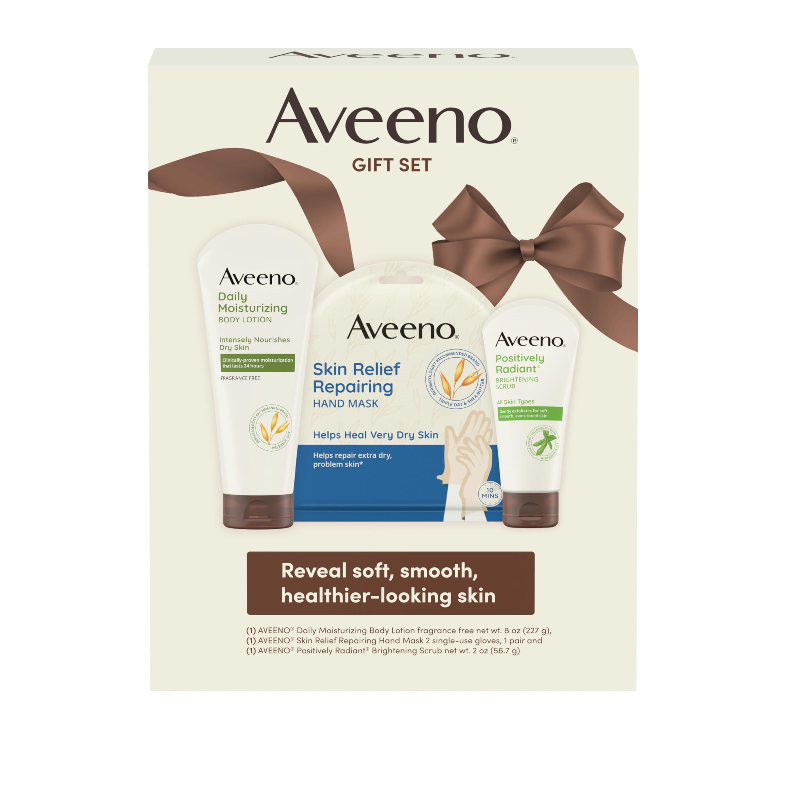 Aveeno Spa Day Gift Set, Full Body Skincare Set with Positively Radiant Face Scrub, Daily Moisturizing Body Lotion, & a Pair of Single-Use Skin Relief Hand Masks, Non-Comedogenic, 3 Items