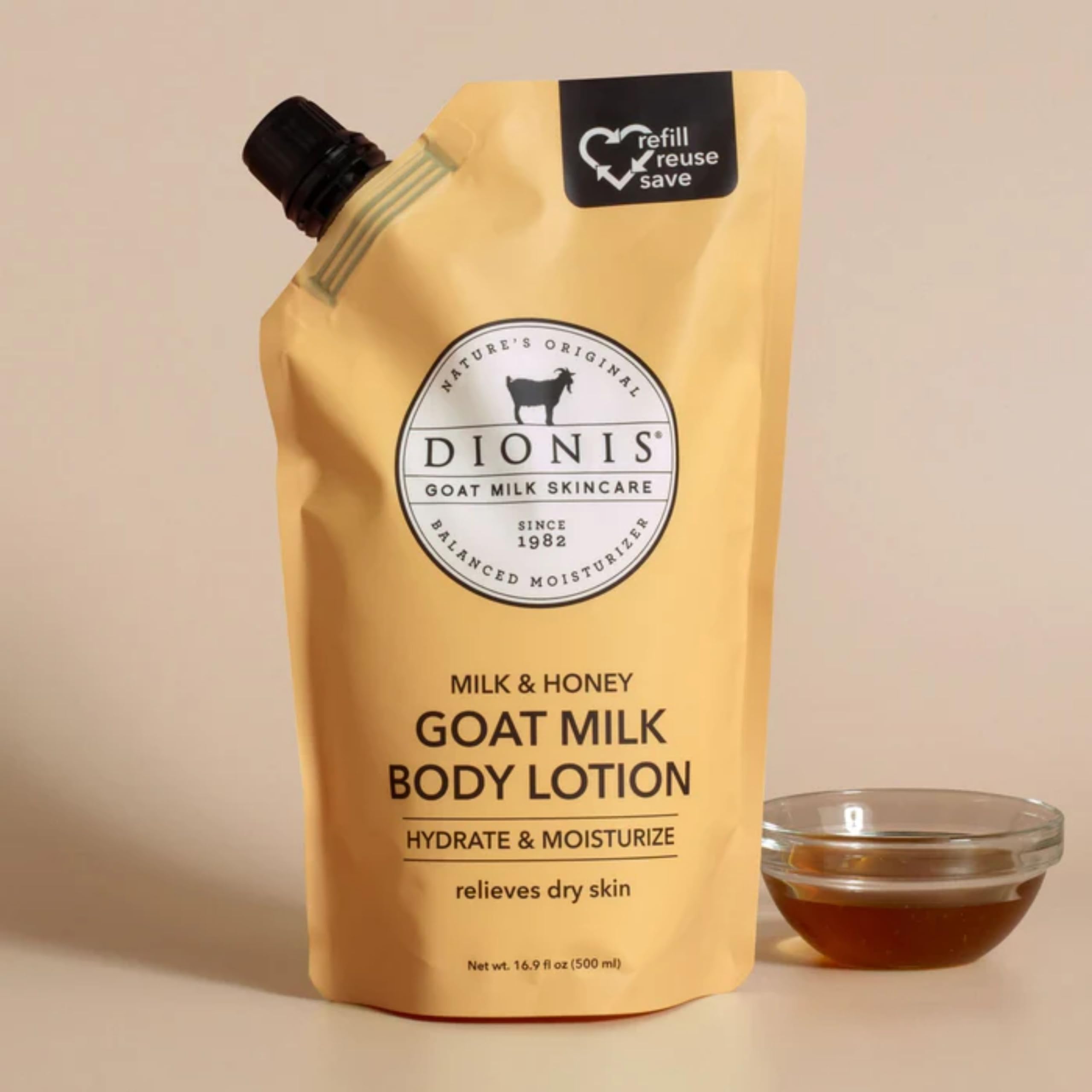 Dionis Goat Milk Skincare Body Lotion 16.9oz Refill Pouch, Cruelty Free Clean Ingredients & Dermatologist Tested Lotion for Dry Skin, Hydrating & Deeply Moisturizing Rich in Vitamins, Milk & Honey
