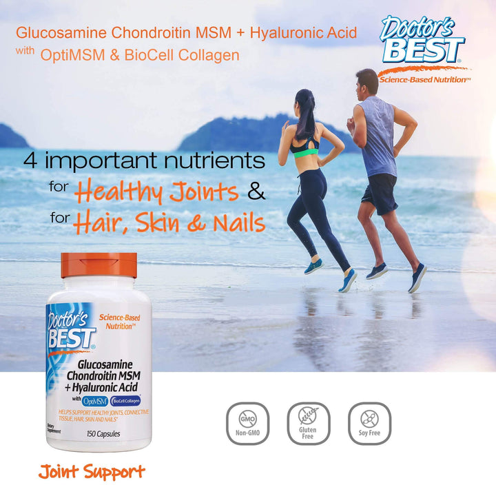 Doctor's Best Glucosamine Chondroitin MSM + Hyaluronic Acid with OptiMSM Featuring Biocell Collagen, Joint Support, Non-GMO, Gluten & Soy Free, 150 Caps