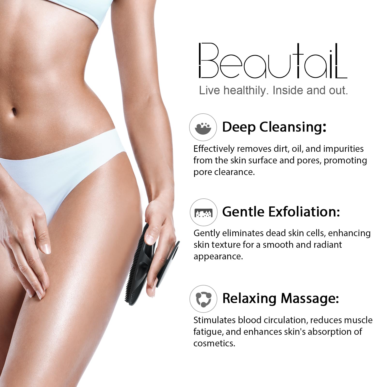 BEAUTAIL Silicone Body Scrubber Shower Bath Wash Brush Gentle Exfoliating Scrub Cleansing Loofah for Women Men Baby Sensitive Skin, Easy to Clean, Lather Nicely, More Hygienic, 1 Pack, Black