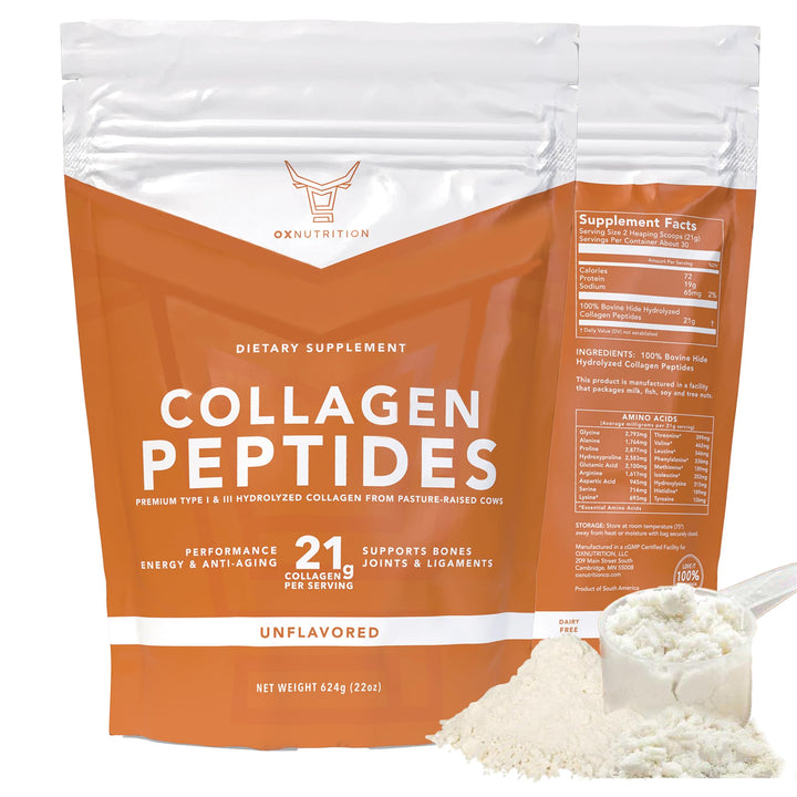 OX Collagen Peptides Powder, Large 22oz, Hydrolyzed Collagen, Collagen Powder for Healty Skin Hair Nail Joints, Grass Fed, Pasture Raised, Certified cGMP, Non-GMO, Gluten Free, 3P Tested Unflavored