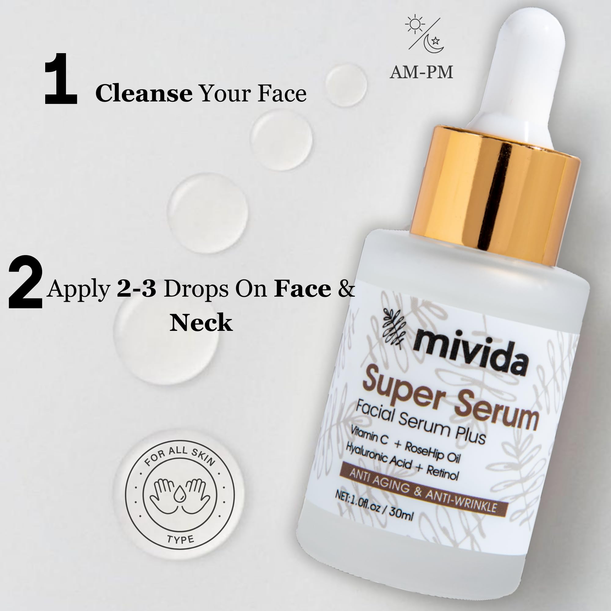 mivida Anti-Aging Super Serum with Retinol, Hyaluronic-Acid, Rosehip Oil, Vitamin C | All-In-One Face Serum For Wrinkles, Fine Lines, Dark Spot | 1oz